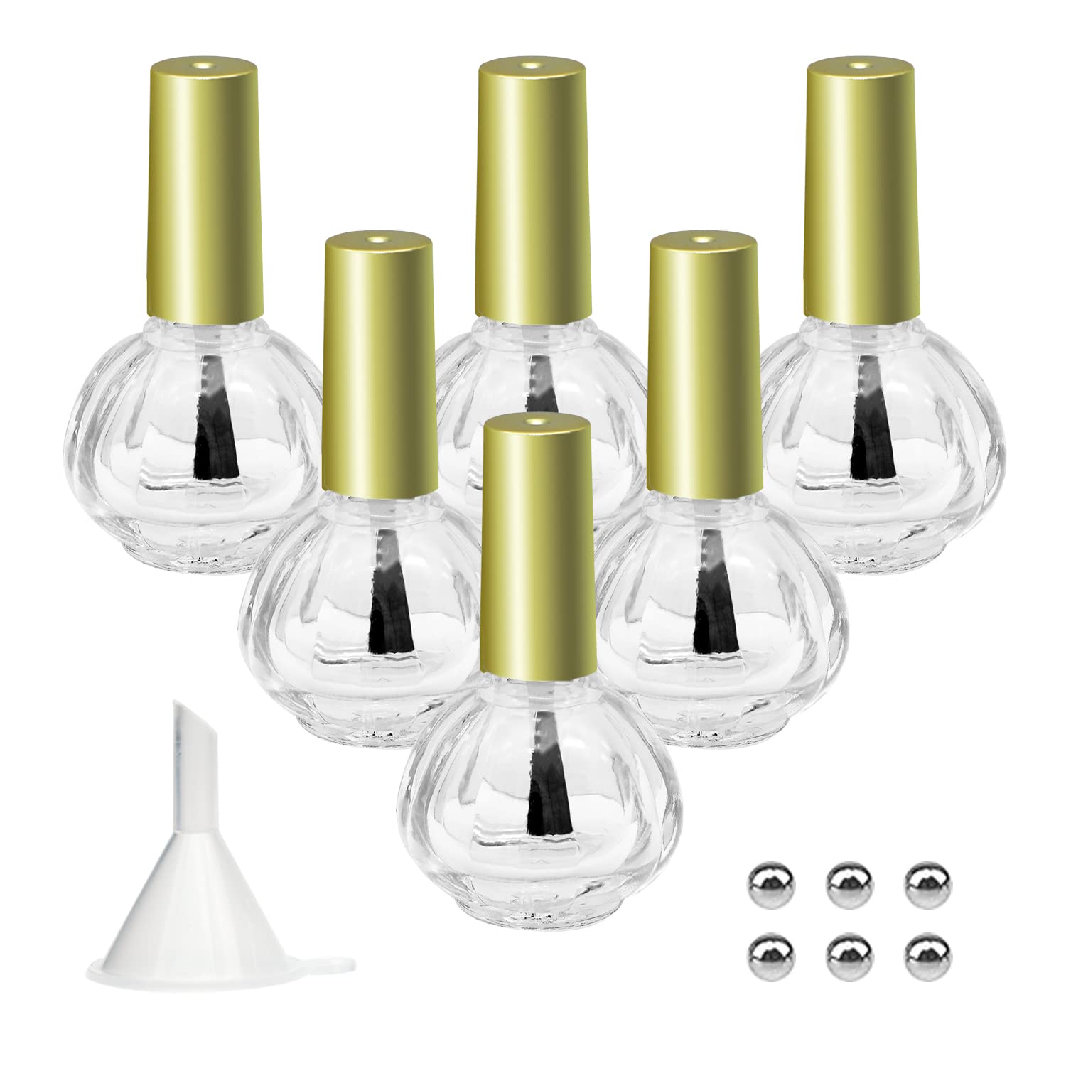 6PCS 10ML Empty Nail Polish Bottles with Brush - Refillable DIY Glass Nail Polish Containers with Funnel & Mixing Balls (Golden Cap) - Perfect for Nail Art, Salon Use & DIY Manicure at Home