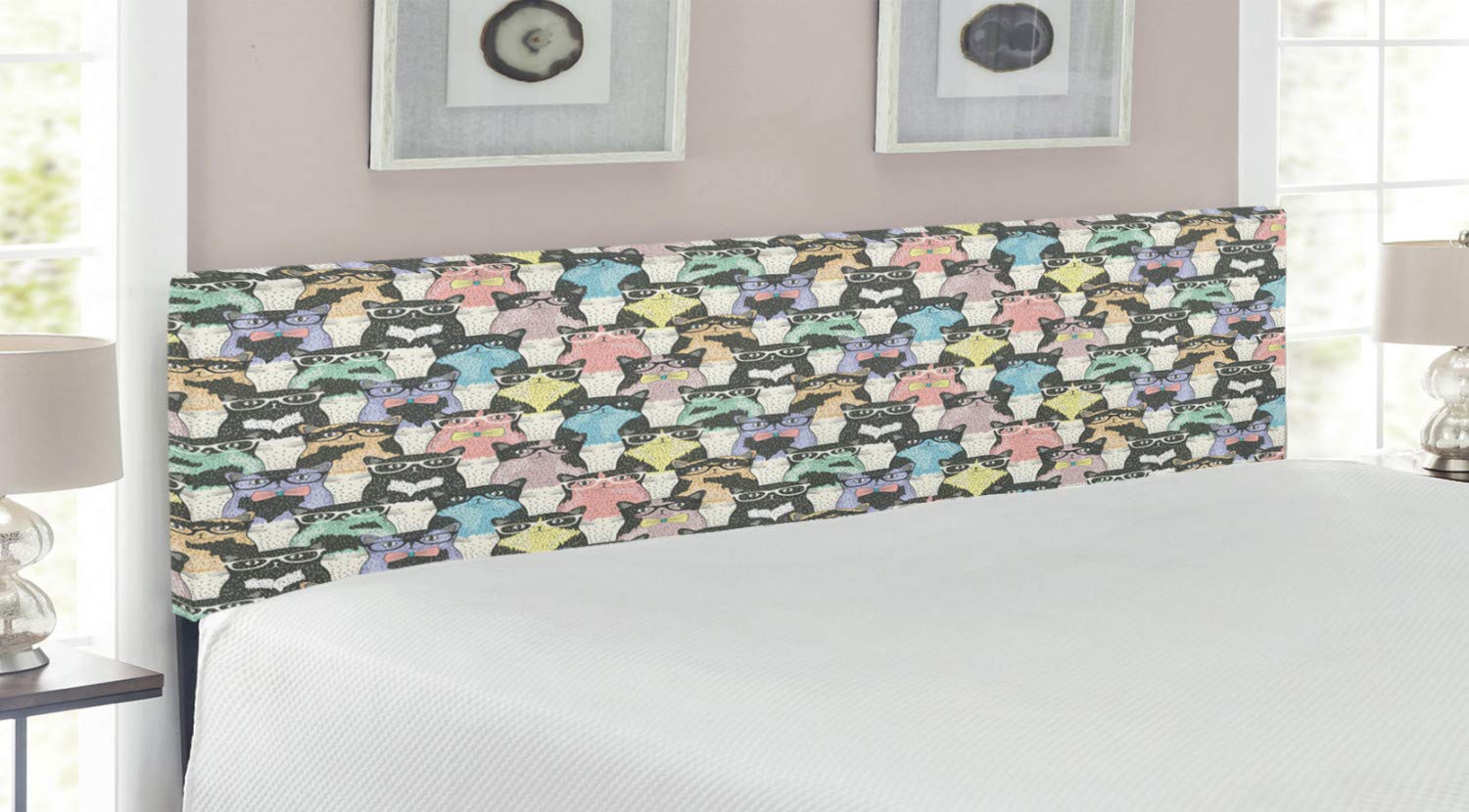Ambesonne Vintage Cat Headboard - Playful Hipster Feline Design with Glasses & Bowties - Upholstered Metal Bed Frame with Memory Foam - King Size Multicolor Headboard - Perfect for Cat Lovers' Bedroom Decor
