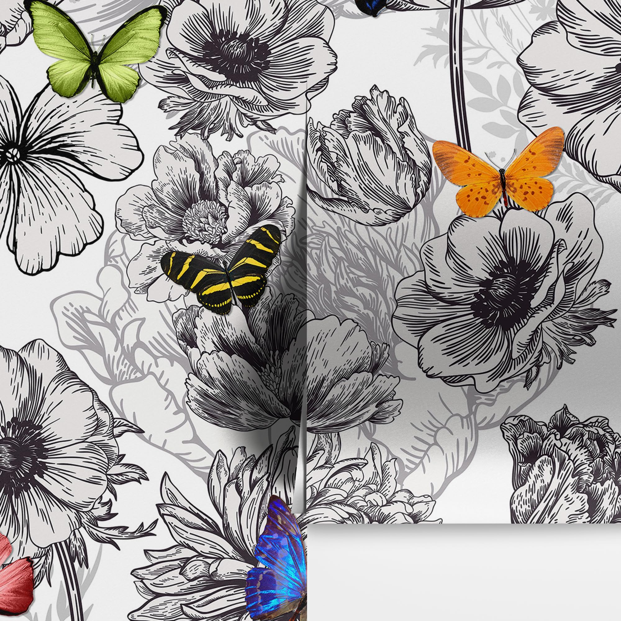 Butterflies in Flower Garden Wall Mural - Retro Black and White Floral Peel and Stick Wallpaper - 9ft x 8ft Removable Decal for Living Room, Bedroom, Nursery or Office Decor