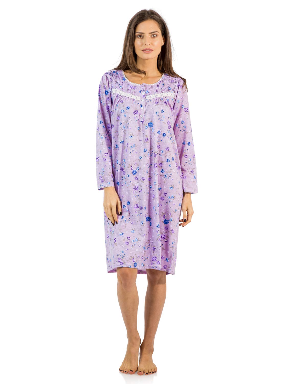 Women's Soft Cotton Blend Long Sleeve Nightgown - Comfortable Henley Neck Sleep Shirt for Relaxing at Home & Cozy Bedtime Wear