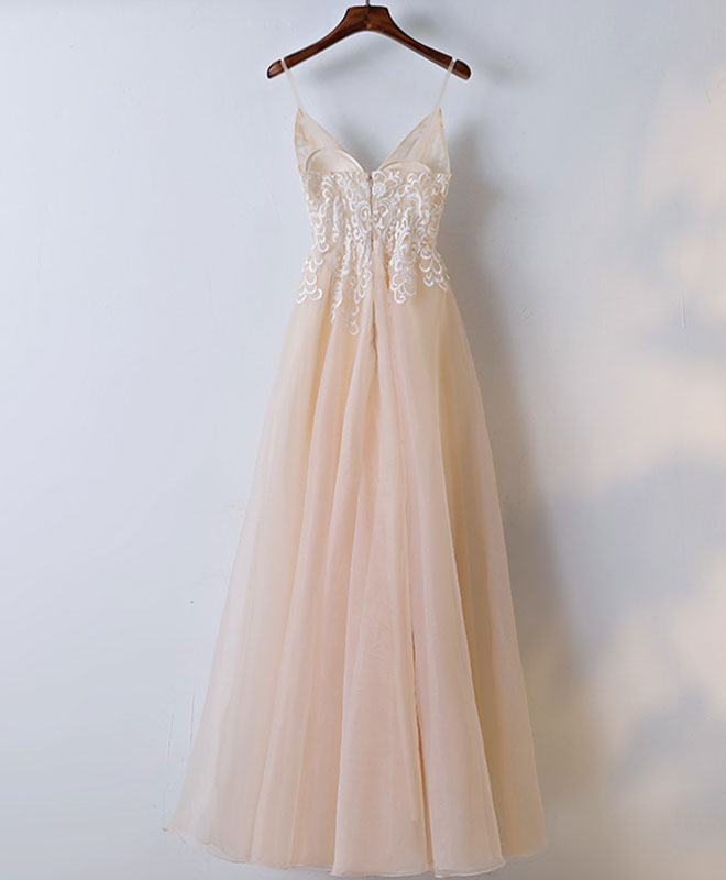 Elegant Champagne V-Neck Tulle Long Prom Dress with Lace Detailing - Perfect for Evening Gala, Formal Dances & Special Occasions