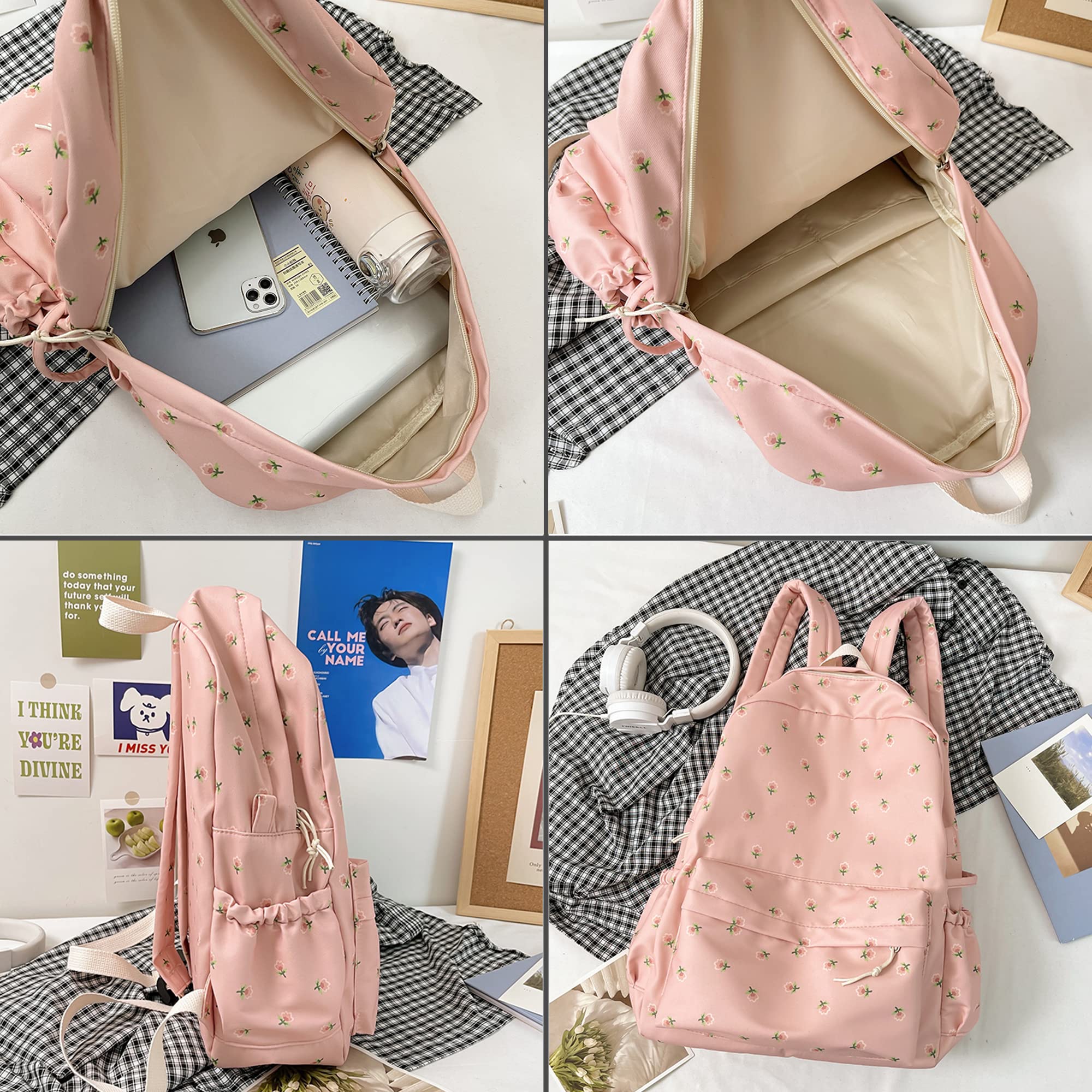 Kawaii Floral Backpack With Pendant - 16.1 Inch Aesthetic Cute Classic Casual Laptop Backpack for Women & Teens (Blue) | Perfect for School, Travel & Everyday Use