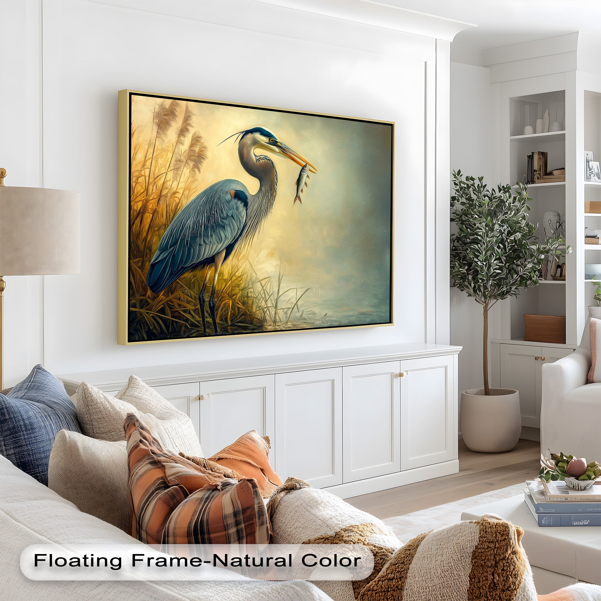 Blue Heron with Fish Oil Painting - Handmade Wildlife Artwork for Home & Office Decor | Perfect for Living Room, Bedroom, or Office Wall Art