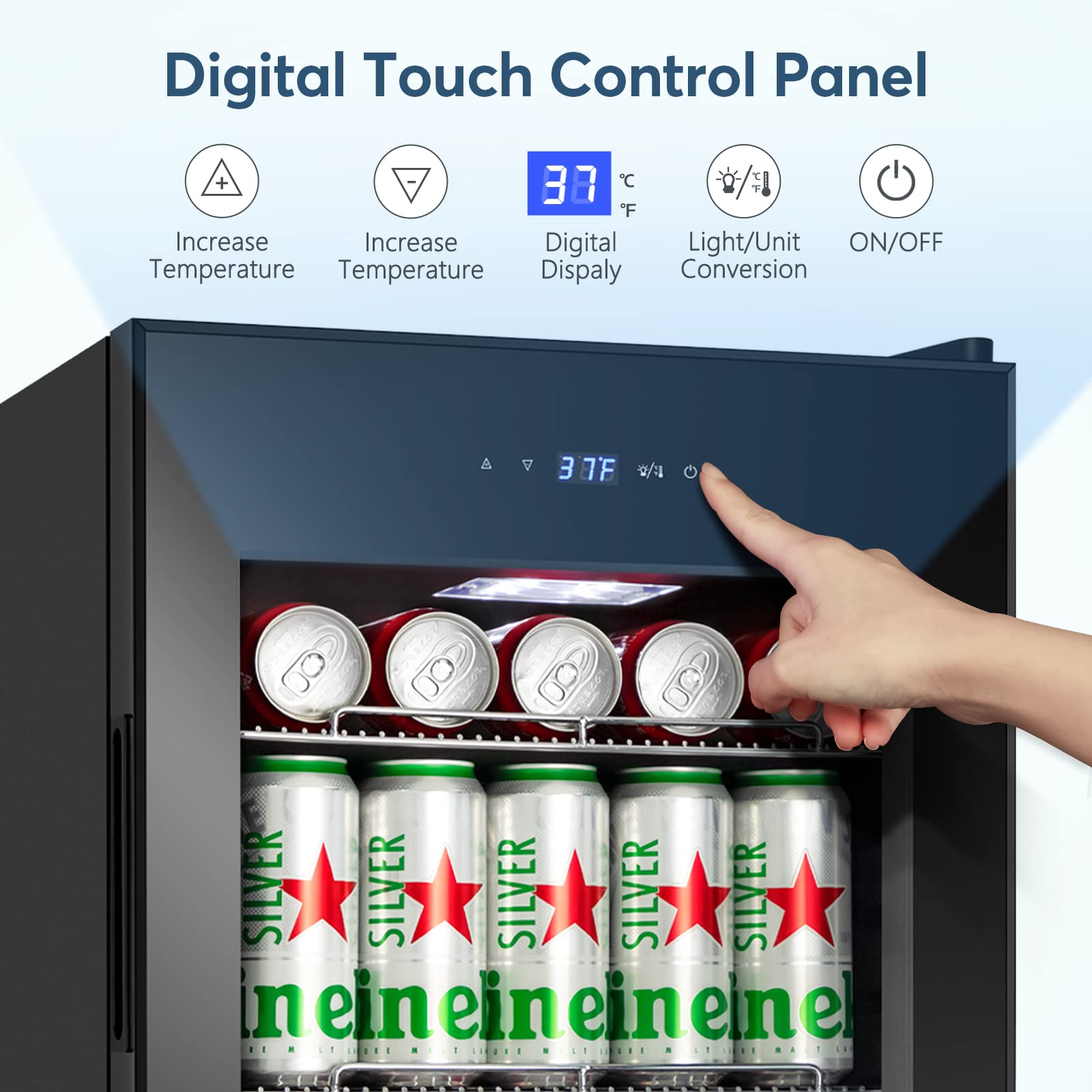 Tylza Mini Beverage Refrigerator - 101 Can Capacity Freestanding Drink Cooler with Glass Door for Soda, Beer, Wine & Water - Compact Mini Fridge with White LED Light for Home, Office, Bar or Dorm Room - Energy Efficient & Quiet Operation