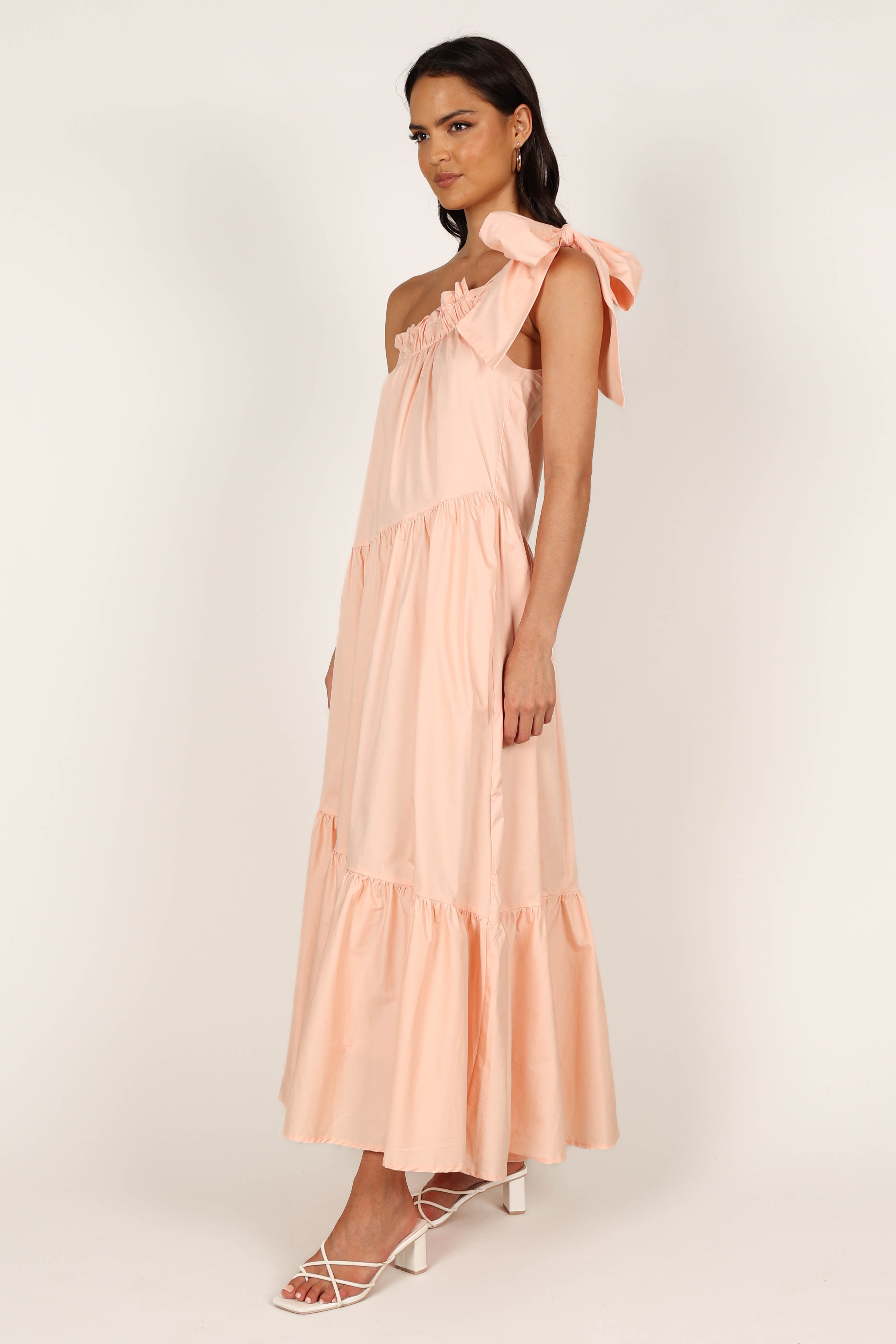 Ava One Shoulder Maxi Dress in Peach - Elegant Summer Beach Wedding Party Gown for Women | Perfect for Vacations, Date Nights & Special Occasions