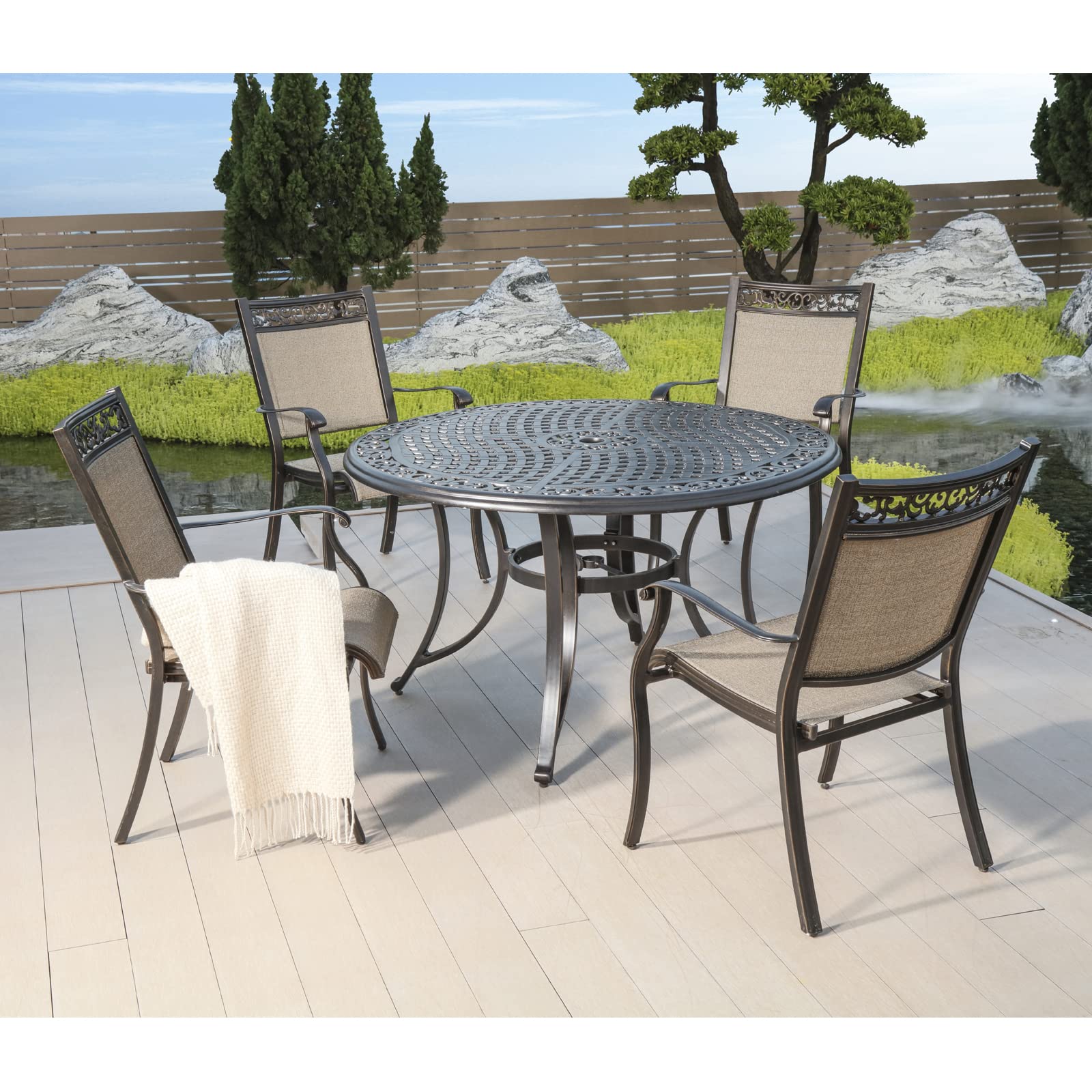5-Piece Outdoor Dining Set - All-Weather Stackable Sling Chairs with 48
