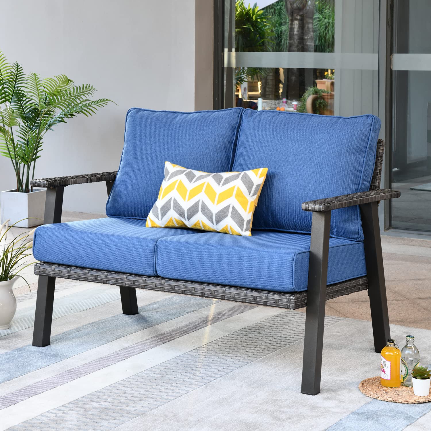 Ovios All-Weather Wicker Patio Furniture Set - Outdoor Rattan Sofa & Loveseat with High Back Cushions for Garden, Porch, Yard (Blue) | Perfect for Backyard Relaxation & Outdoor Entertaining