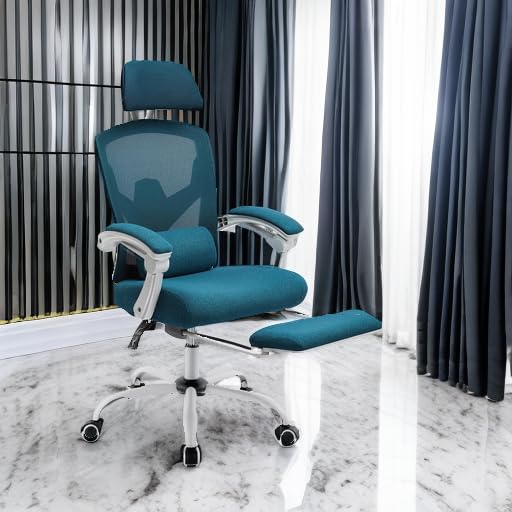 DUMOS Ergonomic Mesh Office Chair with Adjustable Footrest - High Back Swivel Rolling Recliner with Wheels, Headrest & Lumbar Support - Comfortable Armchair for Home Office, Gaming & Study (Blue) - Perfect for Long Work Sessions & Relaxation