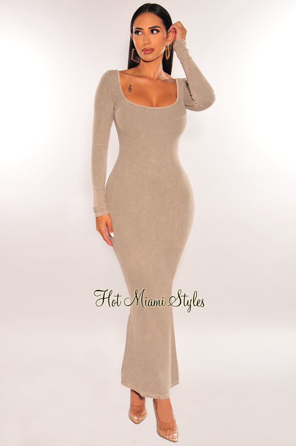 Vintage Wash Ribbed Long Sleeve Mermaid Dress in Taupe - Elegant Bodycon Evening Gown for Parties, Date Nights & Special Occasions