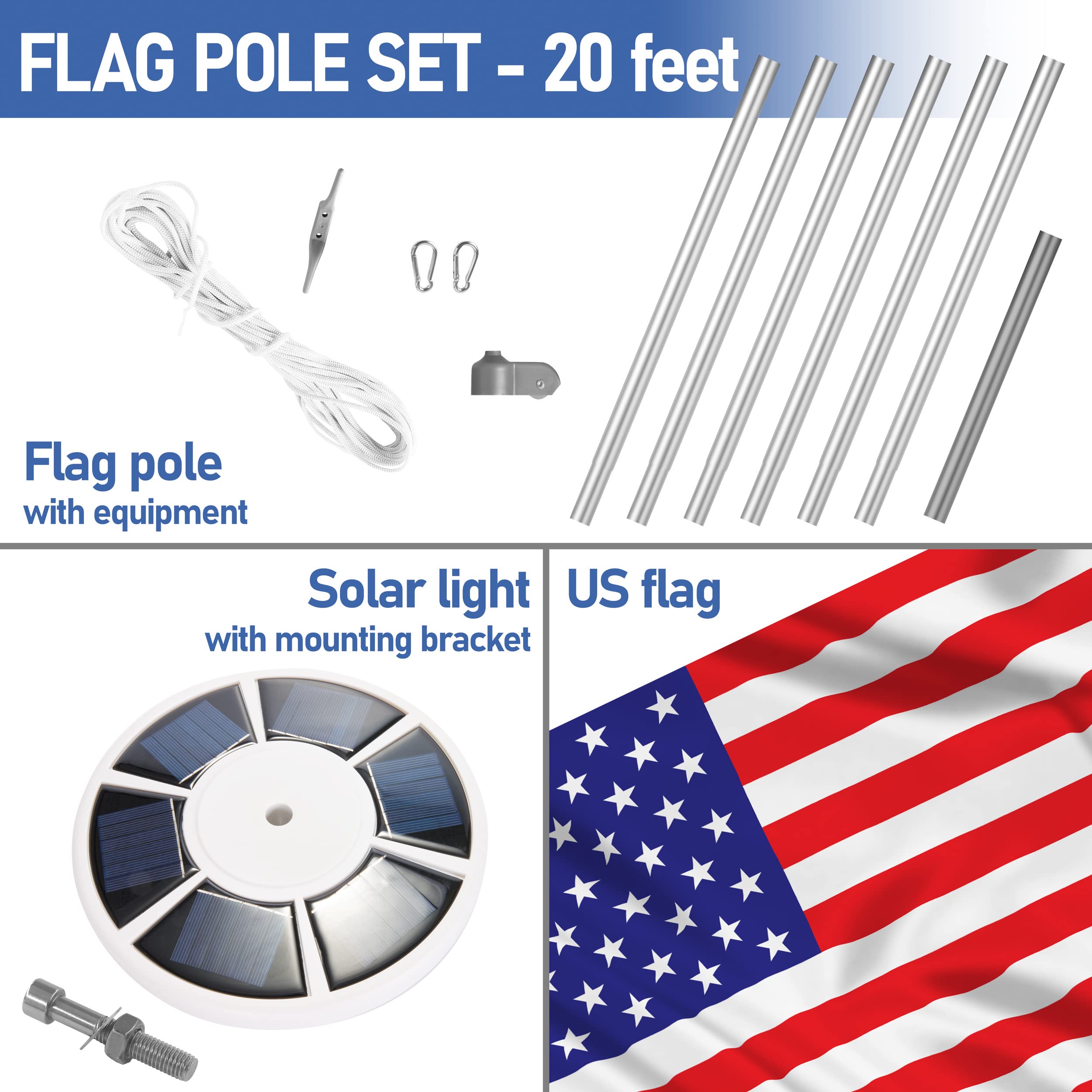 BRUBAKER 20 Ft In-Ground Aluminum Flagpole Set with 3x5 Ft American Flag & Solar Powered Automatic Lights - Heavy Duty Outdoor Flag Pole Kit for Front Yard, Garden, and Patriotic Decorations
