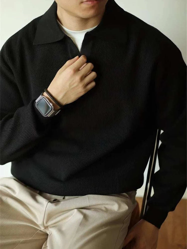 Men's Classic Polo Turn Down Collar Sweater - Comfortable Knit Pullover for Casual Wear & Office Outfits