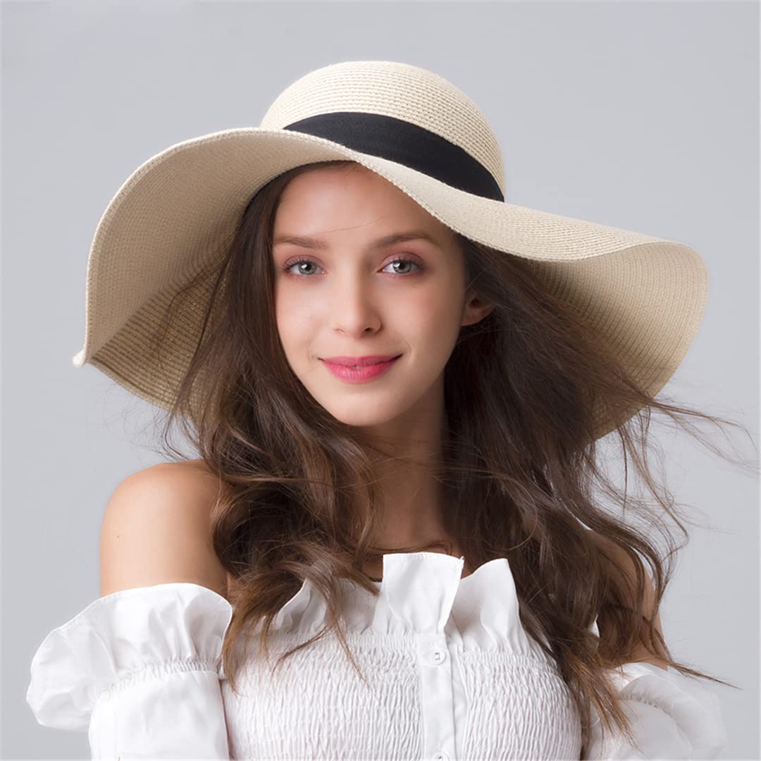 Women's Wide Brim Straw Hat - Foldable Floppy Beach Hat for Summer, UPF 50+ Sun Protection, Adjustable Chin Strap (Beige, Medium) | Perfect for Beach Vacations, Pool Parties & Outdoor Activities
