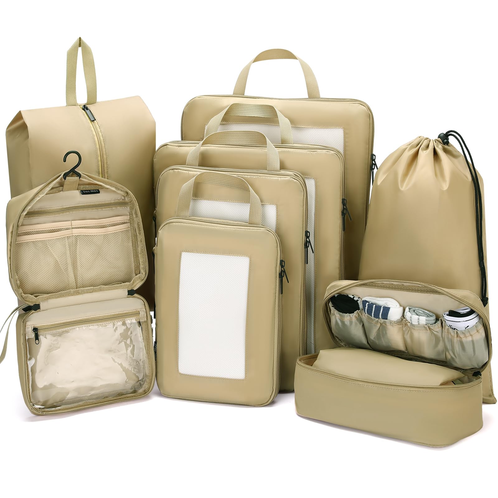 8-Piece Compression Packing Cubes Set with Toiletry Bag - Travel Luggage Organizers for Suitcases, Carry-Ons & Backpacks - Perfect for Business Trips, Vacations & Weekend Getaways (Tan)