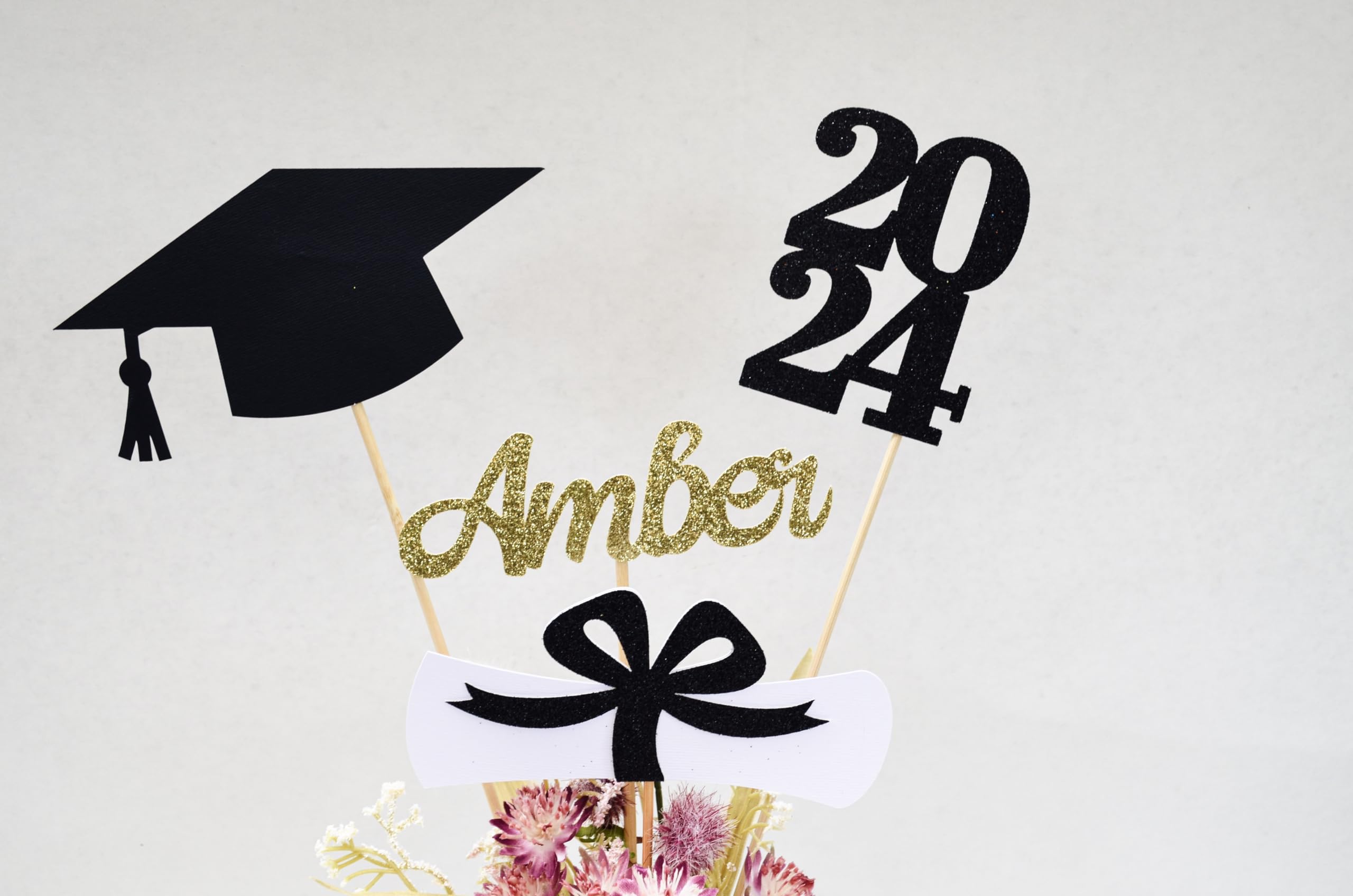 2025 Graduation Party Decorations - Custom Name Graduation Centerpiece Sticks with Cap & Diploma Design - Purple Glitter Table Decor for Graduation Ceremony, Party & Photo Backdrop - Purple & Black Theme