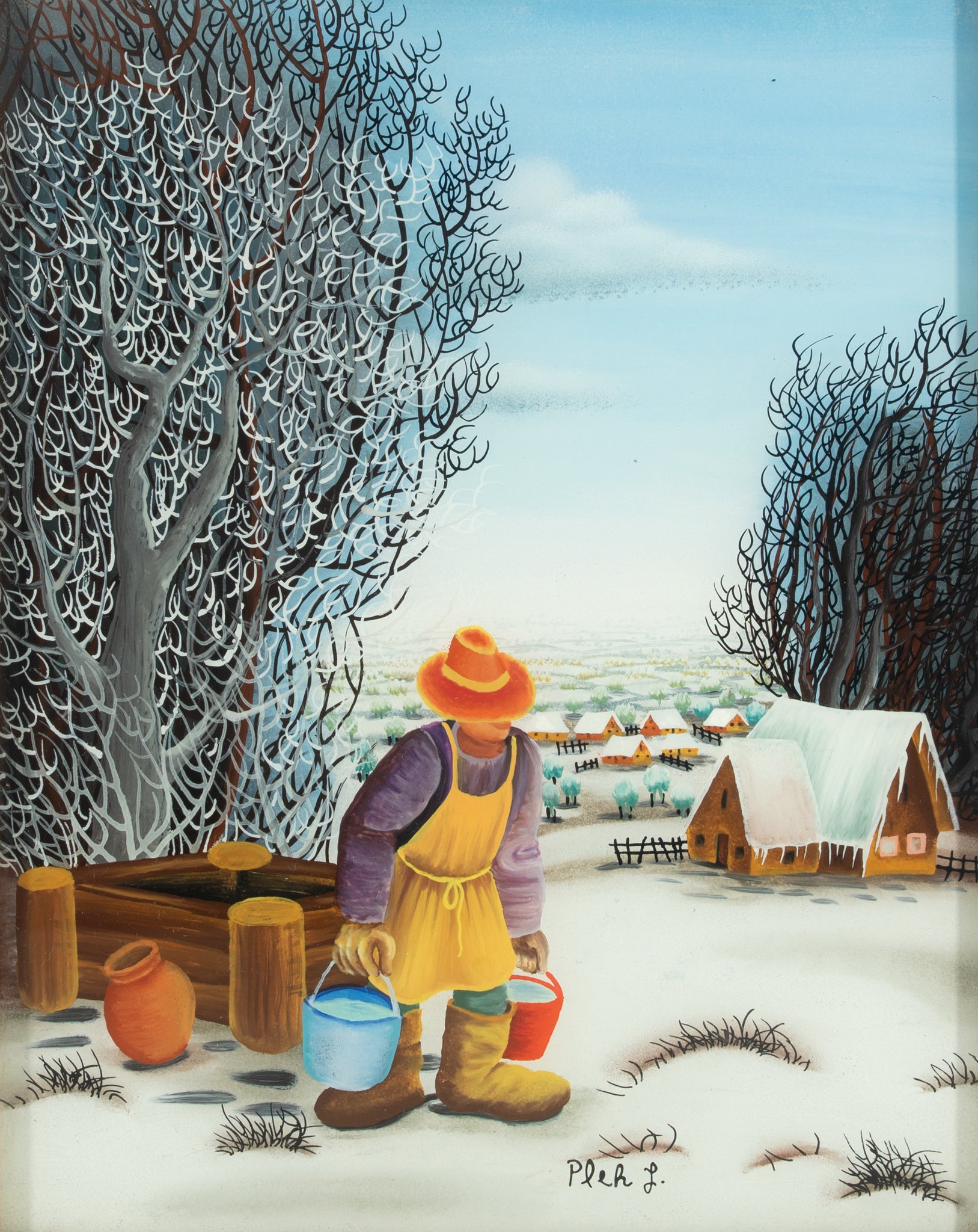 L Pleh Man Carrying Water Oil Painting on Glass - Handmade Artwork for Home Decor, Office Wall Art & Gift Ideas