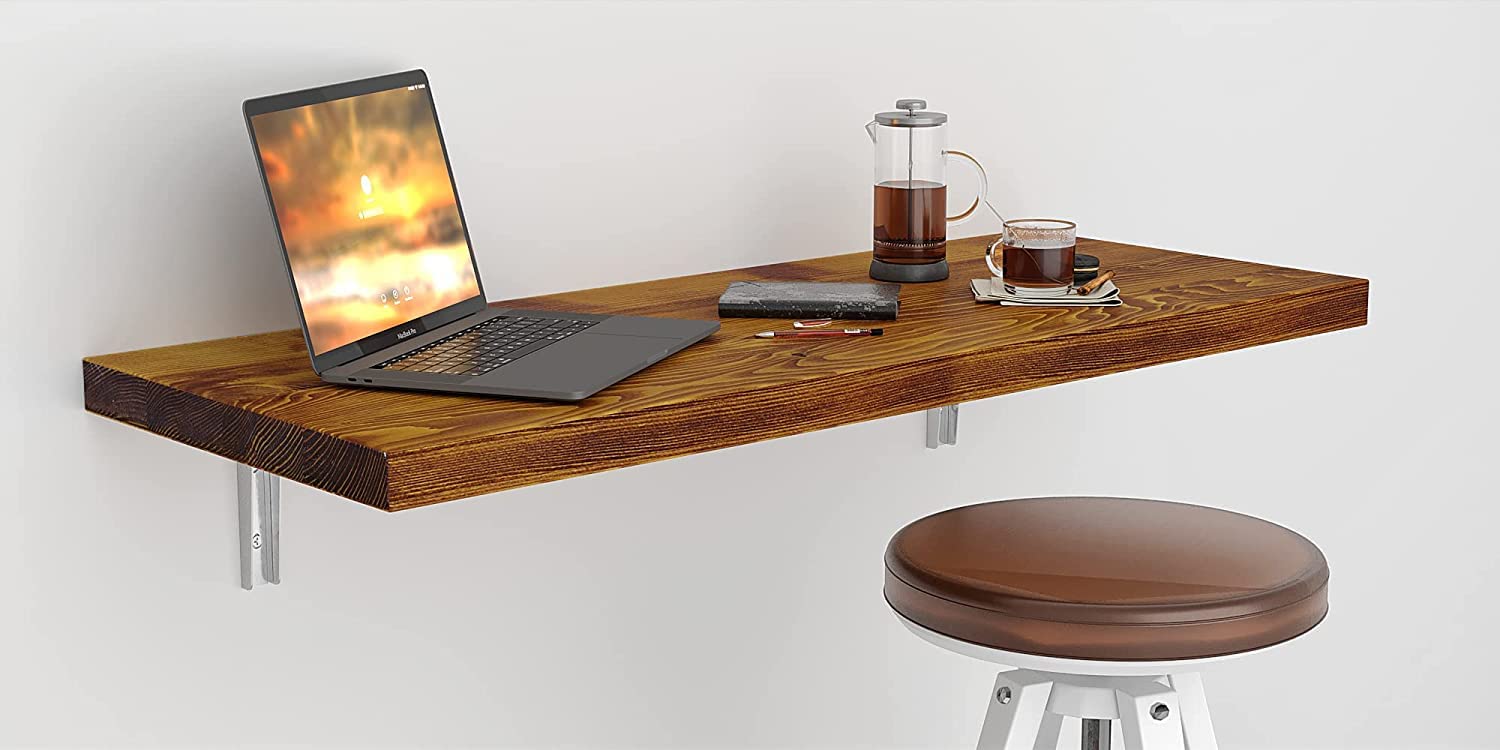 Wall Mounted Floating Desk - Foldable Space Saving Table for Small Spaces, Kitchen Counter, Laundry Shelf & Home Office (45x16 Inch, Rustic Oak) | Perfect for Apartments, Dorms & Tiny Homes - Includes Free Spirit Level