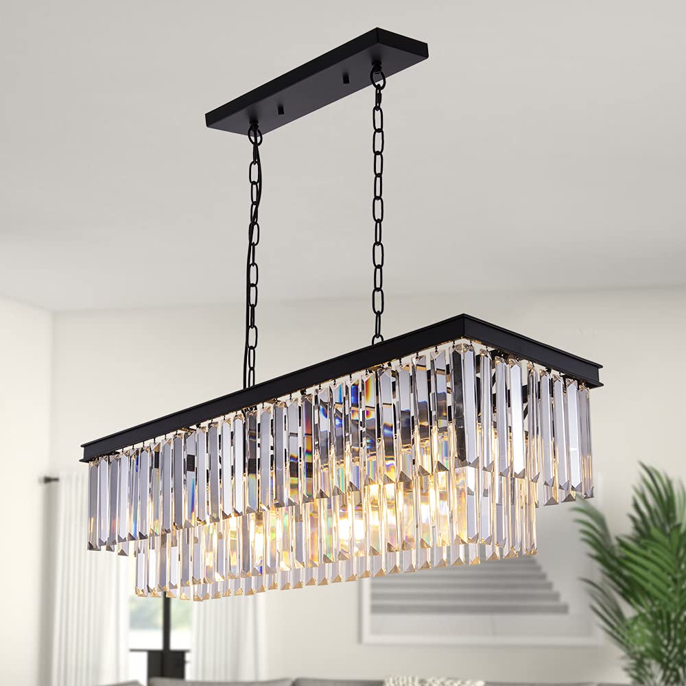 Modern Black Crystal Chandelier - 9-Light Adjustable Rectangle Ceiling Light for Dining Room, Living Room & Kitchen Island | Farmhouse Style Pool Table Lighting Fixture | Elegant Home Decor for Weddings, Restaurants and Luxury Spaces