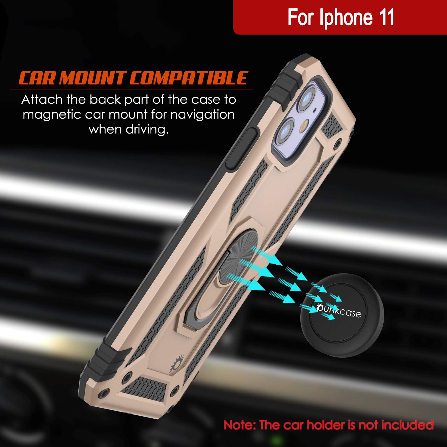 PunkCase for iPhone 11 (6.1 Inch) - Military Grade Protective Case with Metal Ring Grip & Kickstand | Shockproof Dual Layer ArmorShield Series | Full Body Protection | Gold | Perfect for Outdoor Activities, Travel & Daily Use