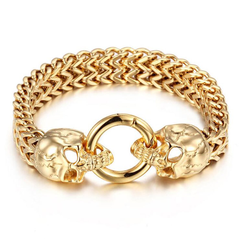 Gothic Men's Stainless Steel Skull & Lion Head Biker Chain Bracelet - Gold & Silver Tone Curb Link Jewelry for Motorcycle Enthusiasts | Perfect for Biker Gangs, Rock Concerts & Gothic Fashion