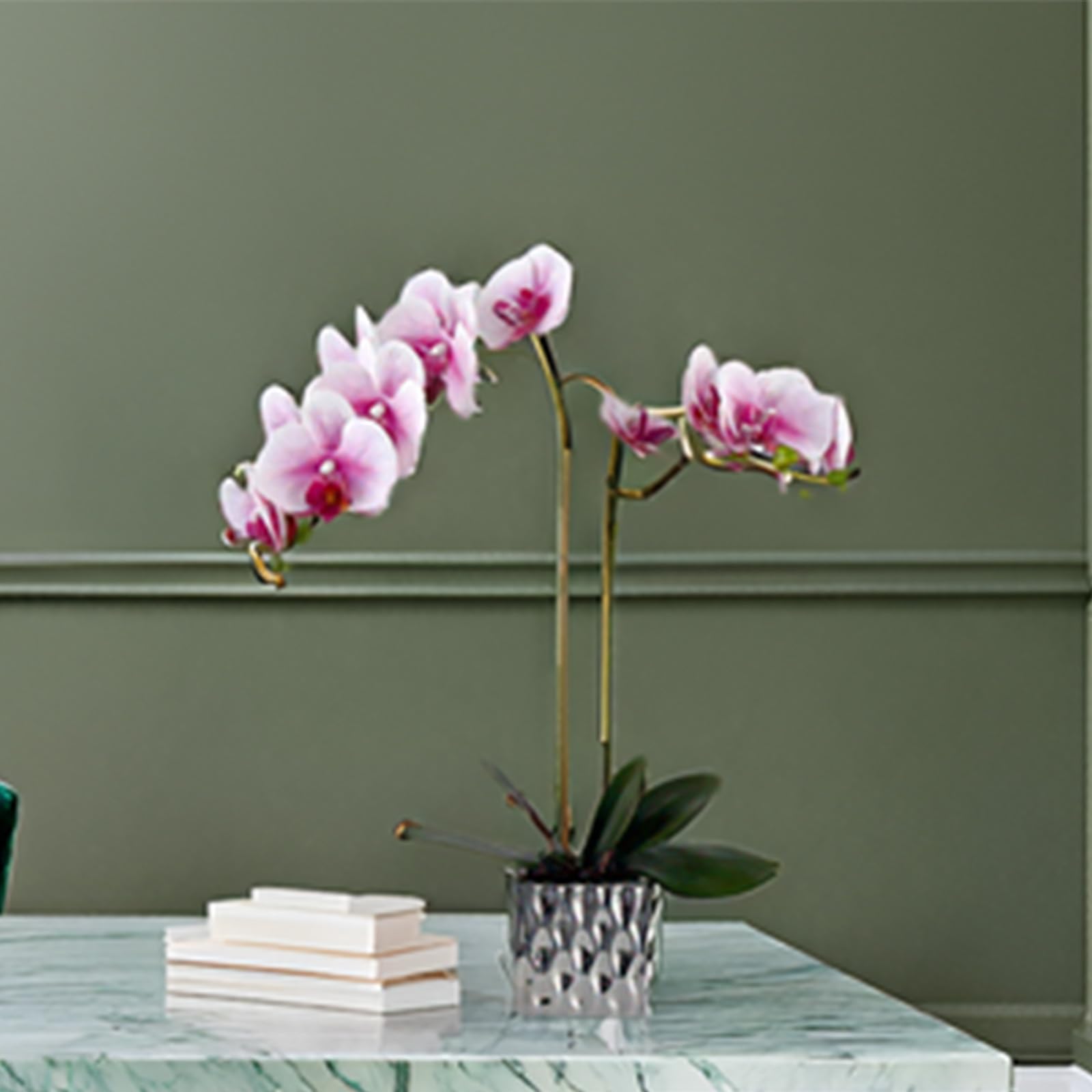Artificial Orchid Flowers in Silver Vases - Elegant Fake Flower Arrangement for Home Decor | Perfect for Living Room, Wedding Centerpieces & Office Decoration