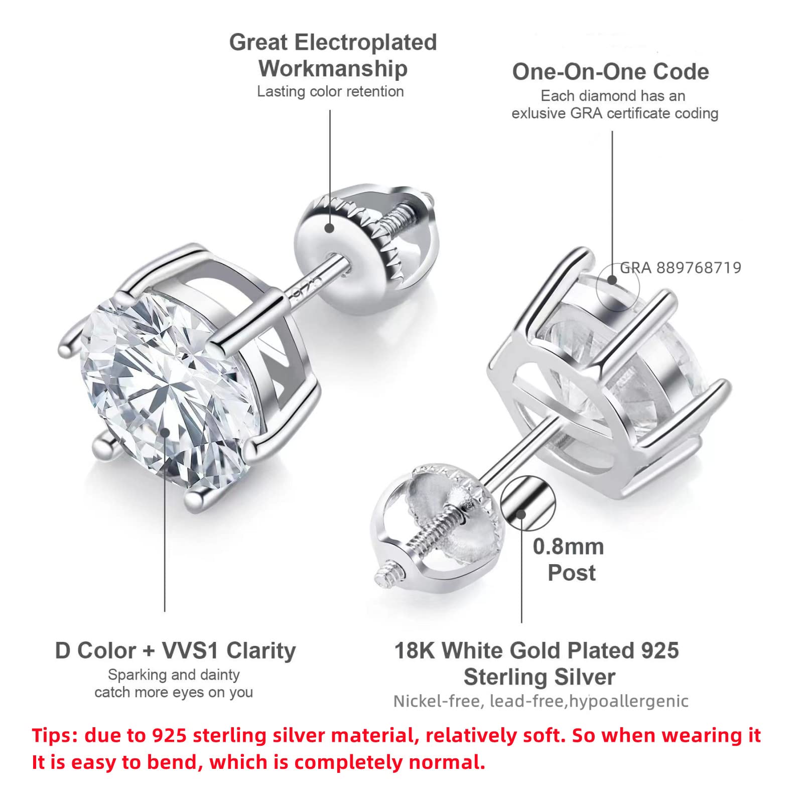 Moissanite Stud Earrings for Women 0.8CT-4CT - 14K Gold Plated Wedding Anniversary Birthday Valentine's Day Christmas Mother's Day Gifts for Wife, Mom, Girlfriend - Perfect for Everyday Wear, Date Nights & Special Occasions