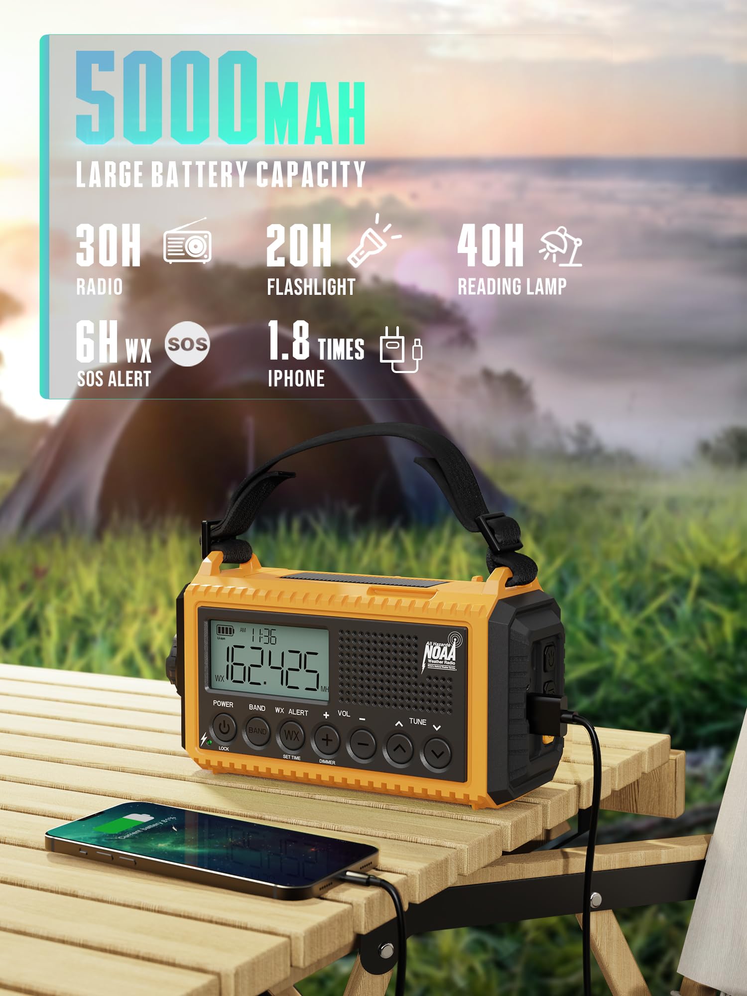 **18500mAh Solar Hand Crank Emergency Weather Radio - AM/FM/NOAA Shortwave Portable Radio with Phone Charger, Flashlight, Reading Lamp, SOS Alert & Headphone Jack - Perfect for Outdoor Camping, Hiking & Emergency Survival**
