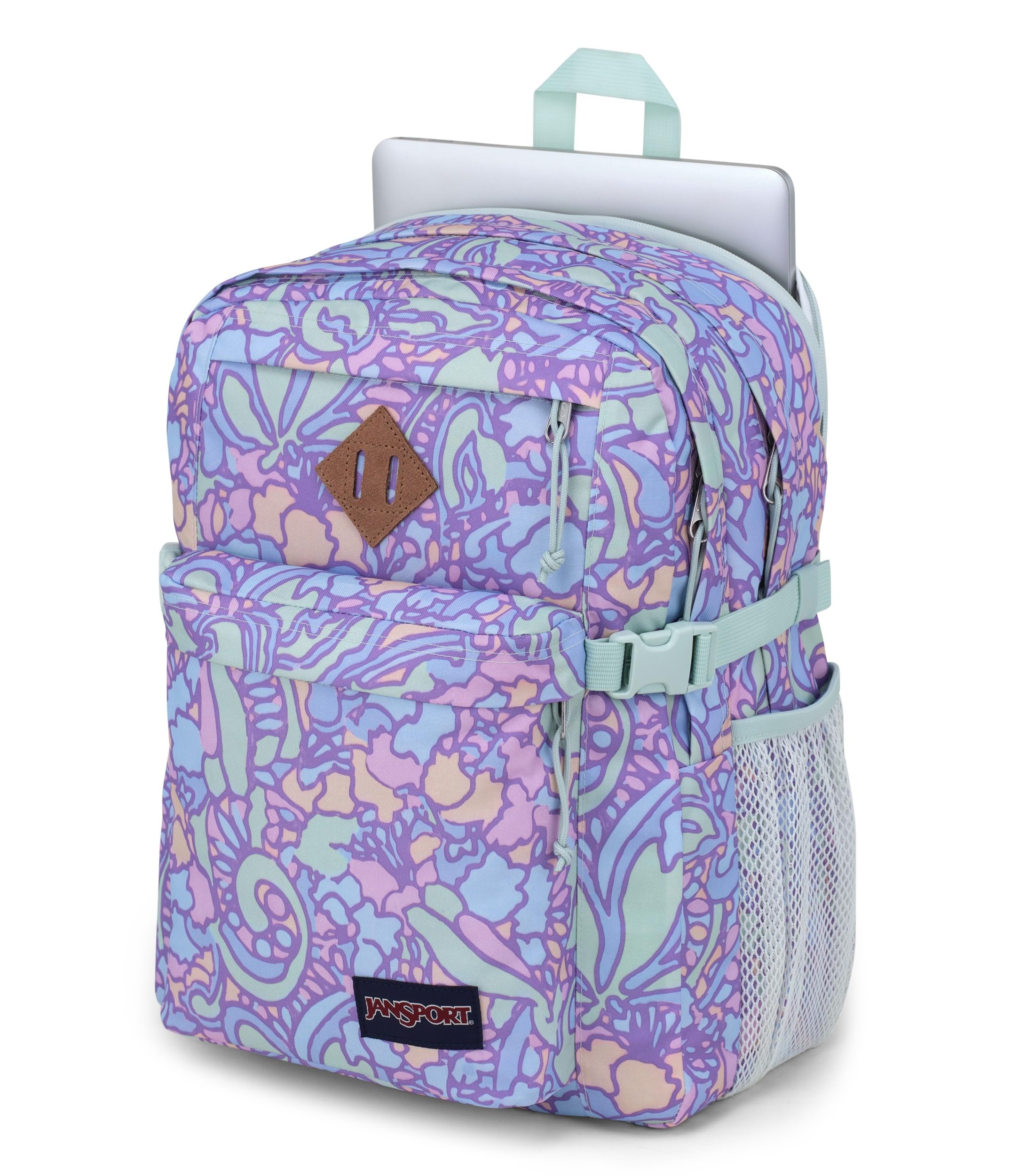 JanSport Main Campus Backpack - Stylish 15-Inch Laptop Backpack for Travel, Work & School with Dual Water Bottle Pockets | Floral Pastel Lilac Design | Perfect for Commuting, College & Outdoor Adventures