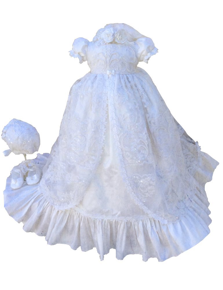 BuyBro Baby Girls Beaded Christening Gown - Long Sequined Lace Baptism Dress for Newborns & Infants - Perfect for Christening, Baptism, First Communion & Special Occasions