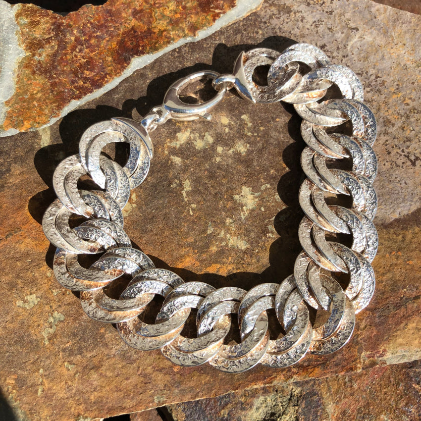 Stylish Sterling Silver Large Link Bracelet with Unique Texture - Perfect for Everyday Wear & Special Occasions