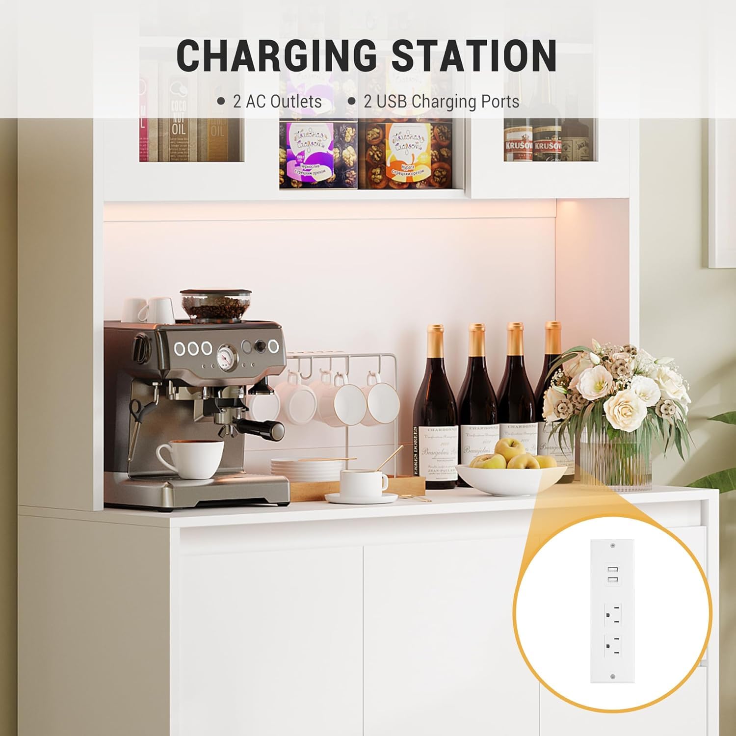 Modern White Kitchen Pantry Cabinet with LED Lights - Charging Station & Microwave Stand - Tall Buffet Cabinet with Countertop - Perfect for Small Kitchens, Dining Rooms & Home Organization