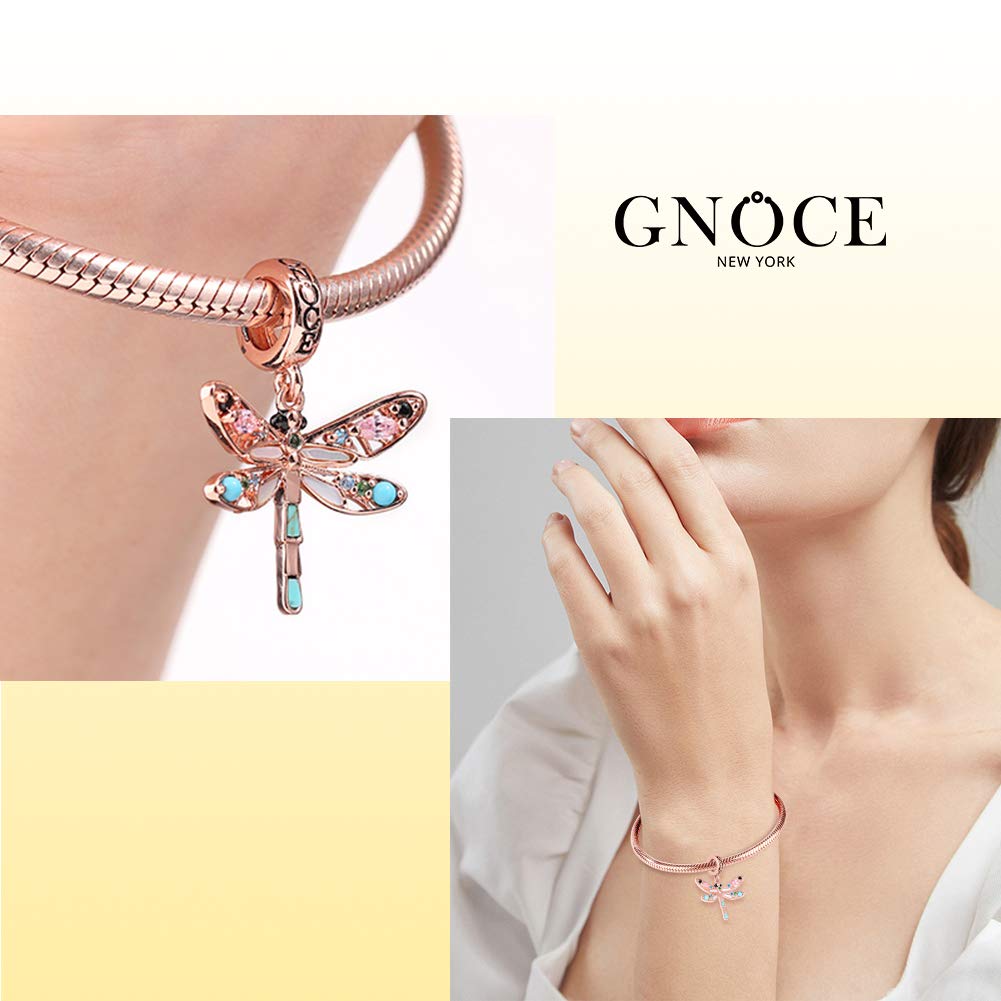 GNOCE Dragonfly Charm Pendant - Sterling Silver 18k Rose Gold Plated Dangle Charm with Turquoise for Women's Bracelet & Necklace | Perfect for Everyday Wear, Gift Giving & Special Occasions