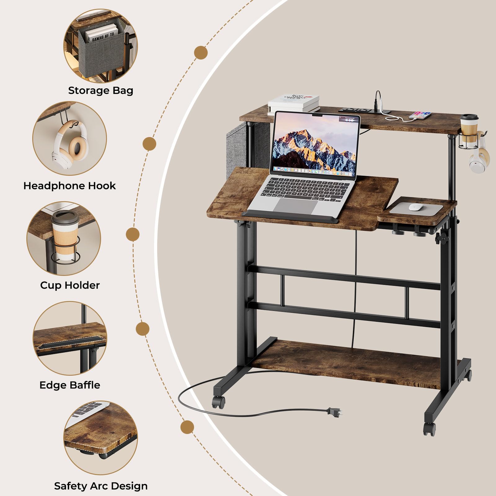 Dripex Adjustable Height Mobile Standing Desk with Power Outlets, LED Strip Lights & Storage - Rolling Computer Table with Cup Holder, Hook & Storage Bag - Perfect for Home Office, Gaming & Art Studio Workspaces