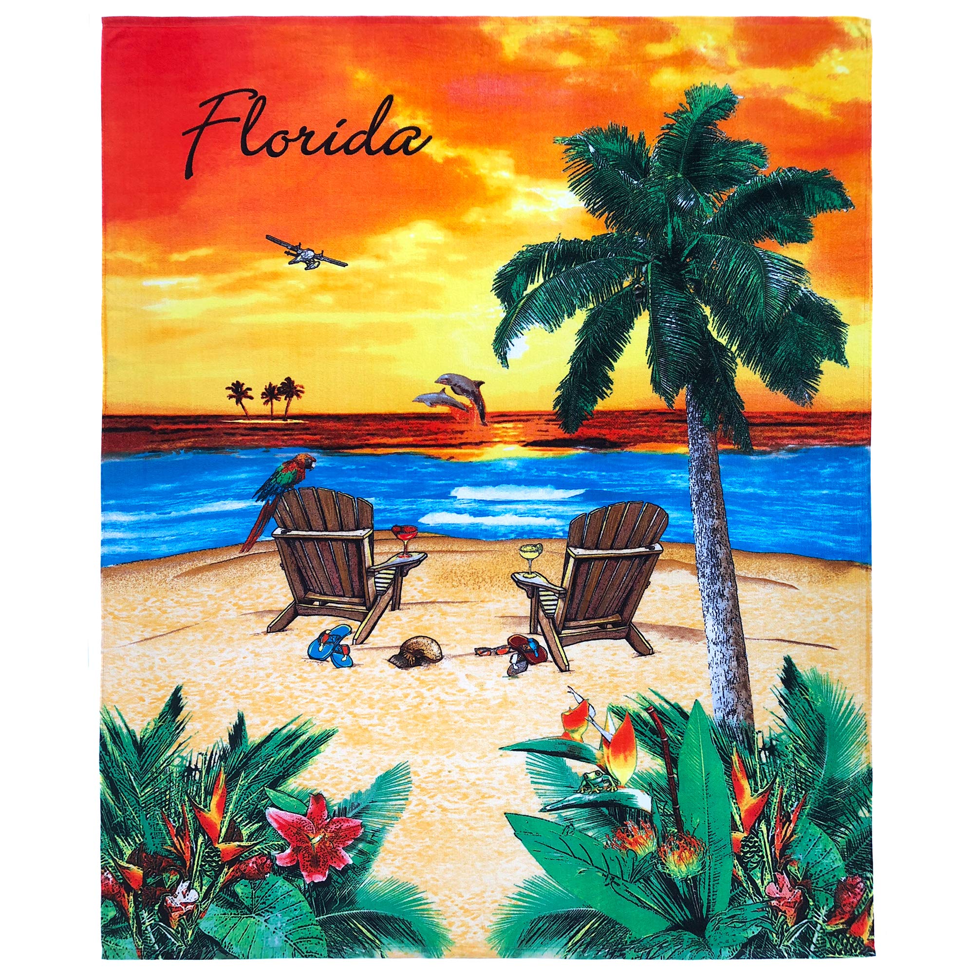 Florida Beach Blanket 54 x 68 Inch - 100% Cotton Oversized Beach Towel for Family, Picnic & Travel - Sunset Island Design - Perfect for Beach, Pool, Yoga & Outdoor Activities