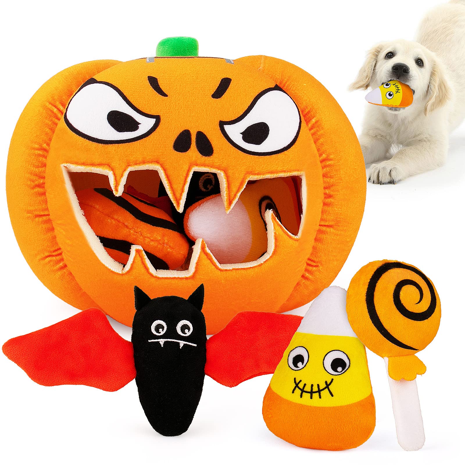 Halloween Dog Toys for Small, Medium & Large Dogs - Durable Squeaky Plush Puppy Toys Set with Pumpkin Design | Interactive Chew Toys for Hide & Seek Play | Perfect for Halloween Parties, Training & Bonding with Your Pet