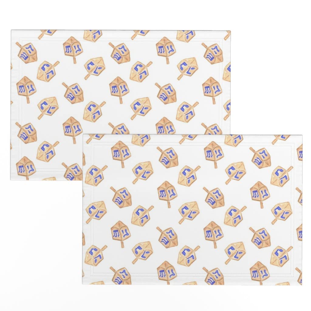 Spoonflower Linen Cotton Canvas Placemats Set of 2 - Hanukkah Holiday Watercolor Winter Beige Print Table Mats for Dining, Kitchen Decor & Holiday Party Decorations
