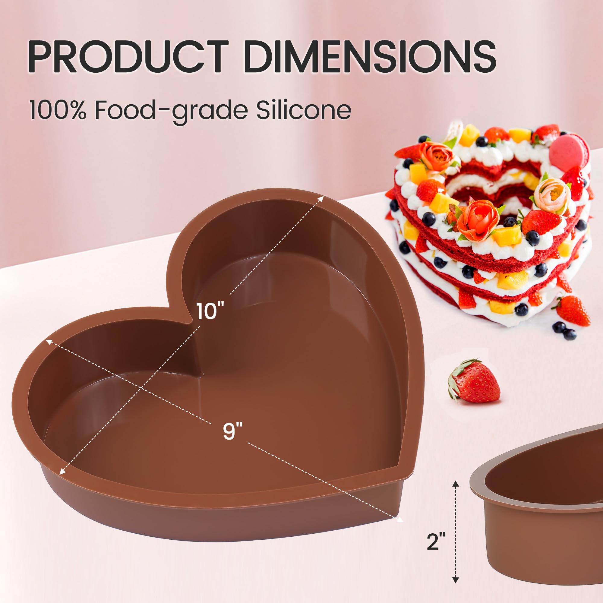 Vinino 10 Inch Heart Shaped Silicone Cake Pan - Reusable Nonstick Baking Mold for Cakes, Cupcakes & Desserts | Oven, Microwave & Freezer Safe | Food Grade Silicone (Brown) - Perfect for Valentine's Day, Birthdays & Romantic Baking