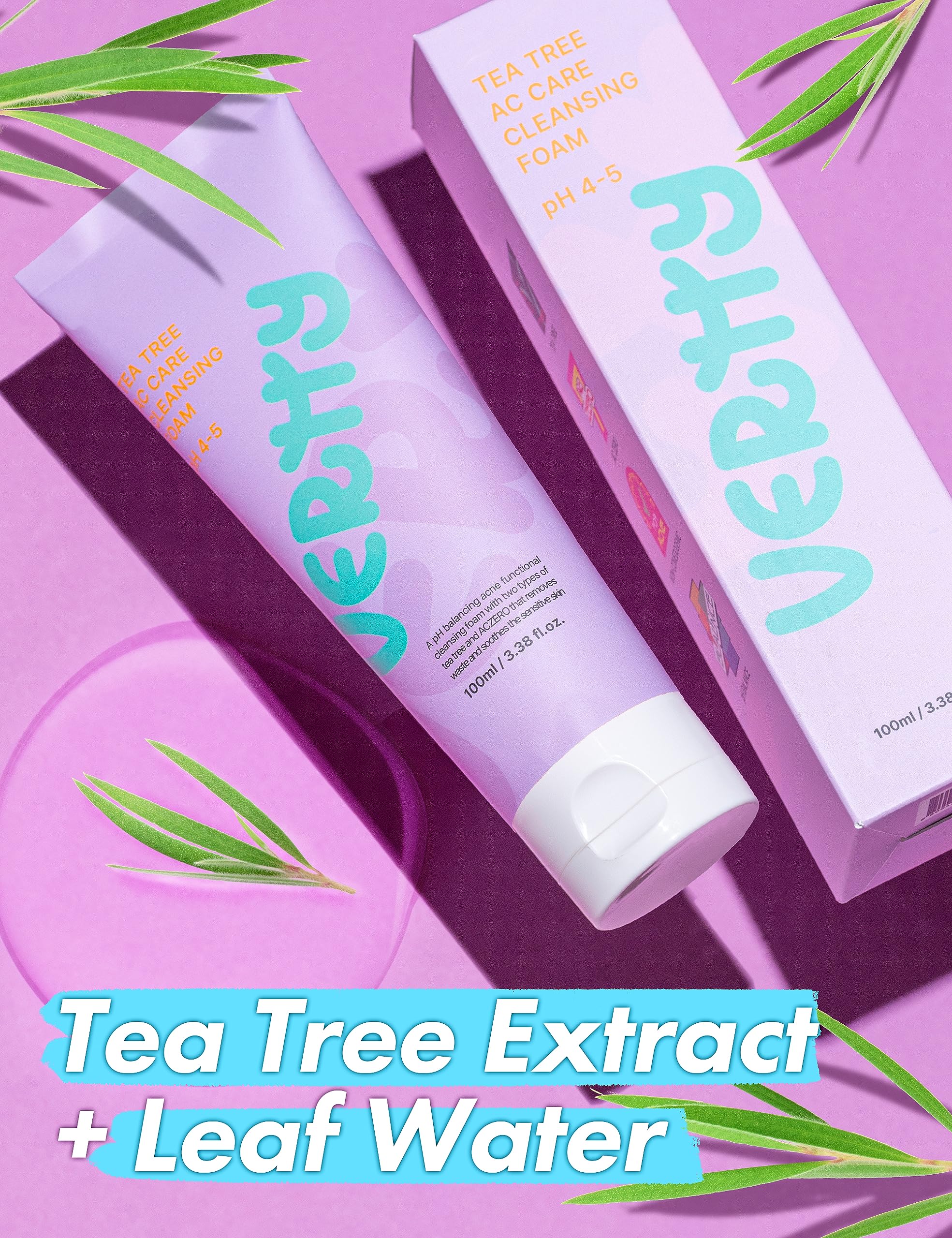 Vertty Tea Tree Vegan Cleansing Foam - Oil Control Face Wash with Hydro Boost for Sensitive Skin | Exfoliating, Moisturizing & Hydrating Daily Cleanser | Gentle Formula for Teens & Kids Skincare Routine (3.38oz) | Perfect for Morning & Nighttime Face Cleansing