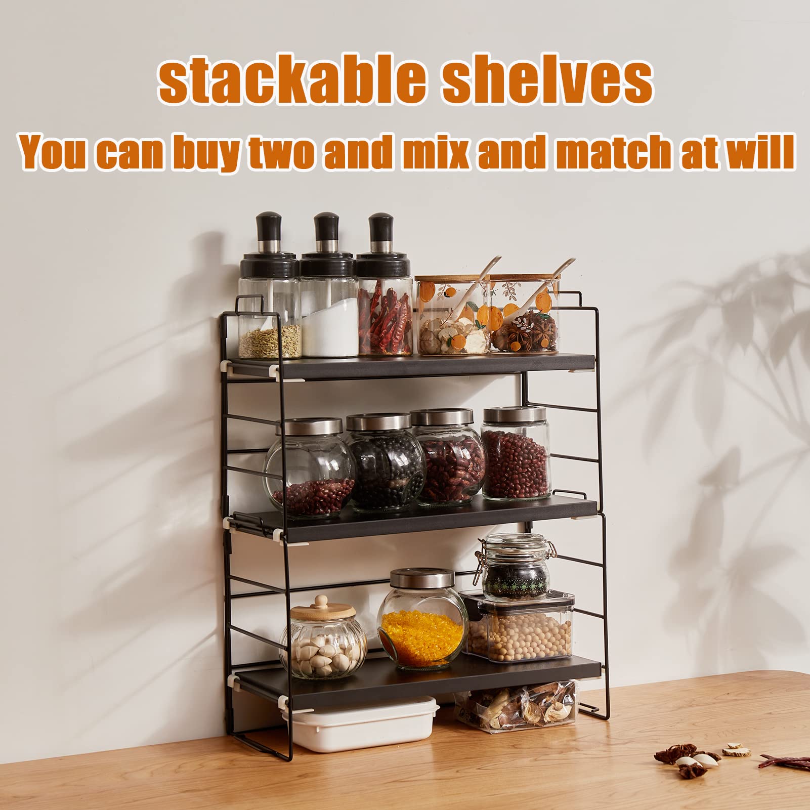 2 Tier Spice Rack Organizer - Adjustable Stackable Kitchen Countertop Shelf for Spices, Makeup, Bathroom & Office Storage - Perfect for Small Space Organization in Home & Workspaces (Brown)
