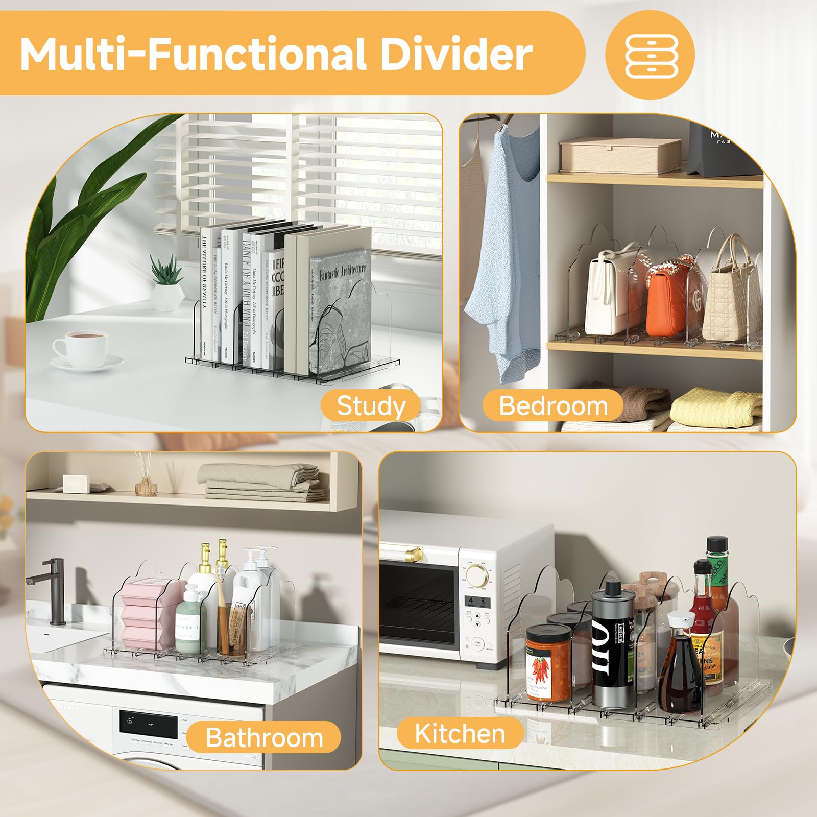 Clear Acrylic Shelf Dividers for Closet & Bag Organizer - Adjustable Purse Organizer for Women, Bedroom, Bathroom, Kitchen, Office & Study (8 Panels) - Perfect for Handbag Storage & Closet Organization
