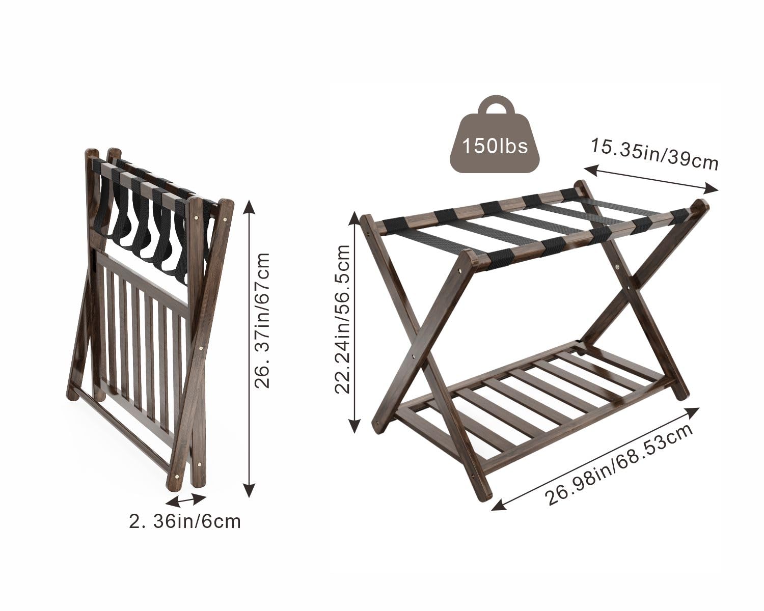 Foldable Bamboo Luggage Rack with Storage Shelf - 5 Nylon Straps for Secure Holding - Space-Saving Suitcase Stand for Guest Rooms, Bedrooms & Hotels - Perfect for Travel Storage & Home Organization (Brown)
