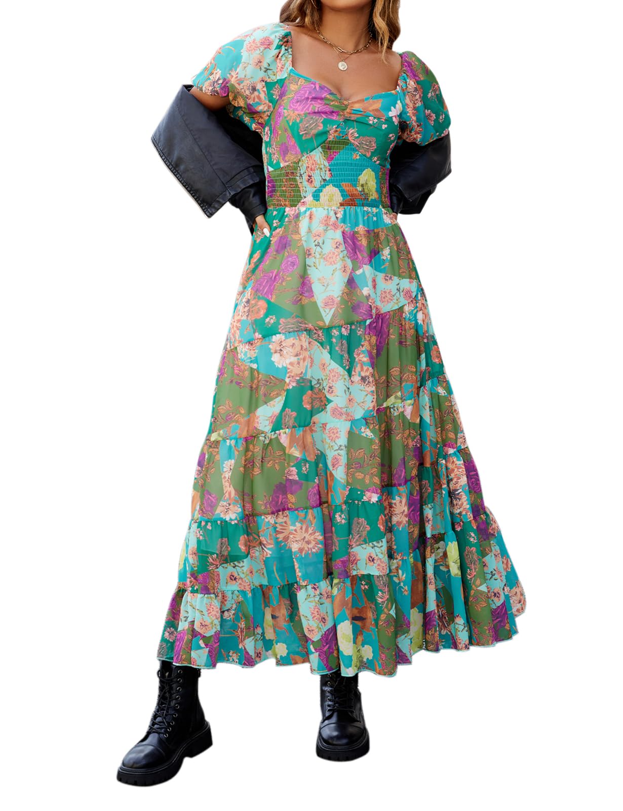Women's Floral Maxi Dress with Short Puff Sleeves & V-Neck - Bohemian Flowy Smocked Dress for Casual Spring Summer Wear - Perfect for Beach Vacations, Garden Parties and Date Nights
