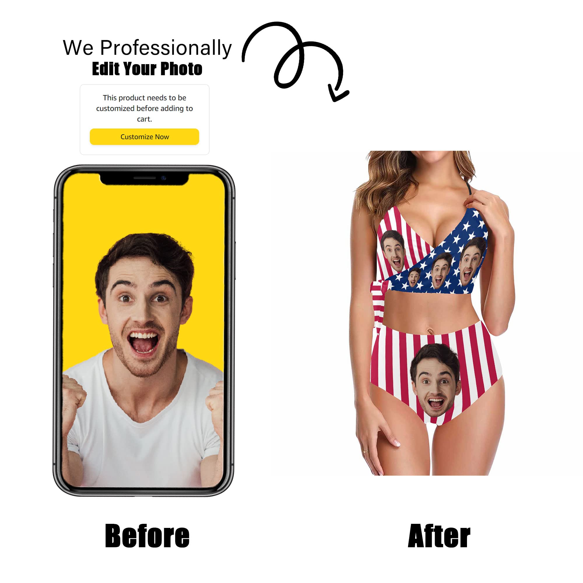 Custom Face Swimsuit for Women - Personalized Knot Side Bikini with Boyfriend Photo - Funny Beach Swimwear Gift for Couples, Bachelorette Parties & Summer Vacations