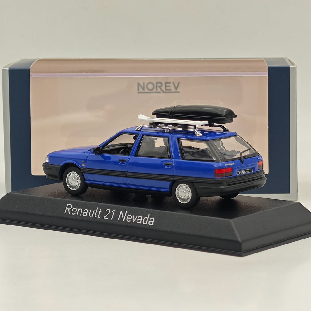 1/43 Scale Norev Renault 21 Nevada 1989 Diecast Model Car with Accessories - Blue Collectible Vintage French Vehicle for Display & Gift Giving