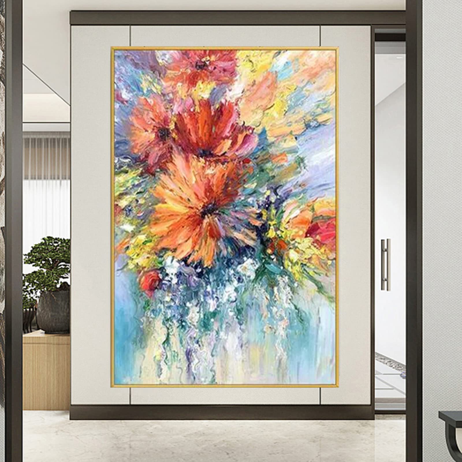 Hand Painted Poppies Abstract Oil Painting on Canvas - Large Modern Vertical Wall Art for Living Room, Bedroom & Office Decor - Unframed 43.3x86.6 Inch (110x220cm) - Perfect for Contemporary Home & Office Interior Design