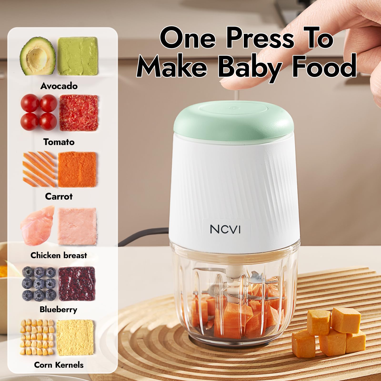NCVI Baby Food Maker - Glass Blender with 8 Blades & Grinding Disc, Mini Food Processor Set Includes Storage Containers, Silicone Tray & Baby Utensils (Green) - Perfect for Homemade Purees & Toddler Meals