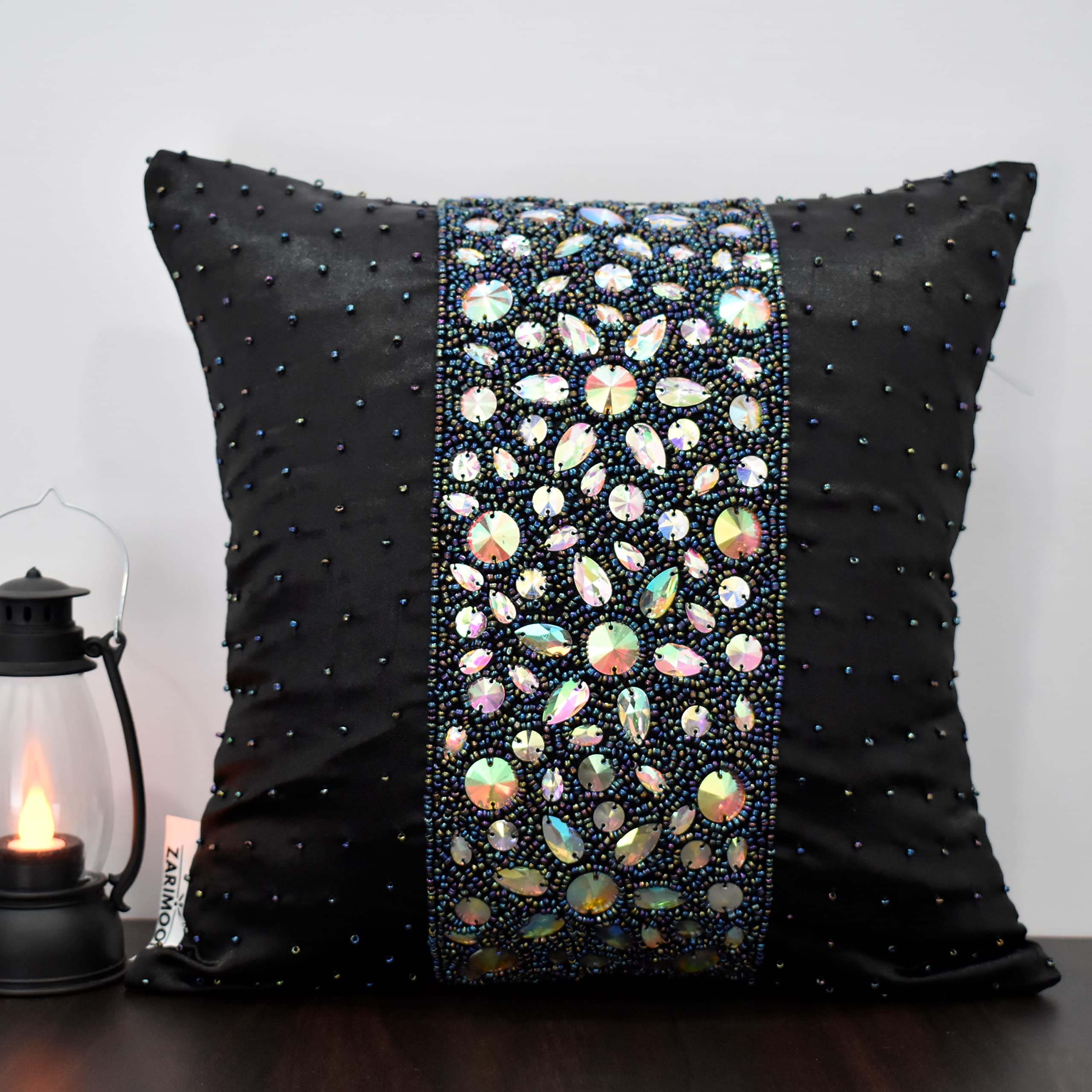 Luxury Black Rainbow Beaded Pillow Cover - Handmade Embroidered Decorative Throw Pillow Case - Modern Contemporary Embellished Design - Custom Personalized Home Decor (24x24 Inches) - Perfect for Sofa, Bed, Living Room & Nursery Decor