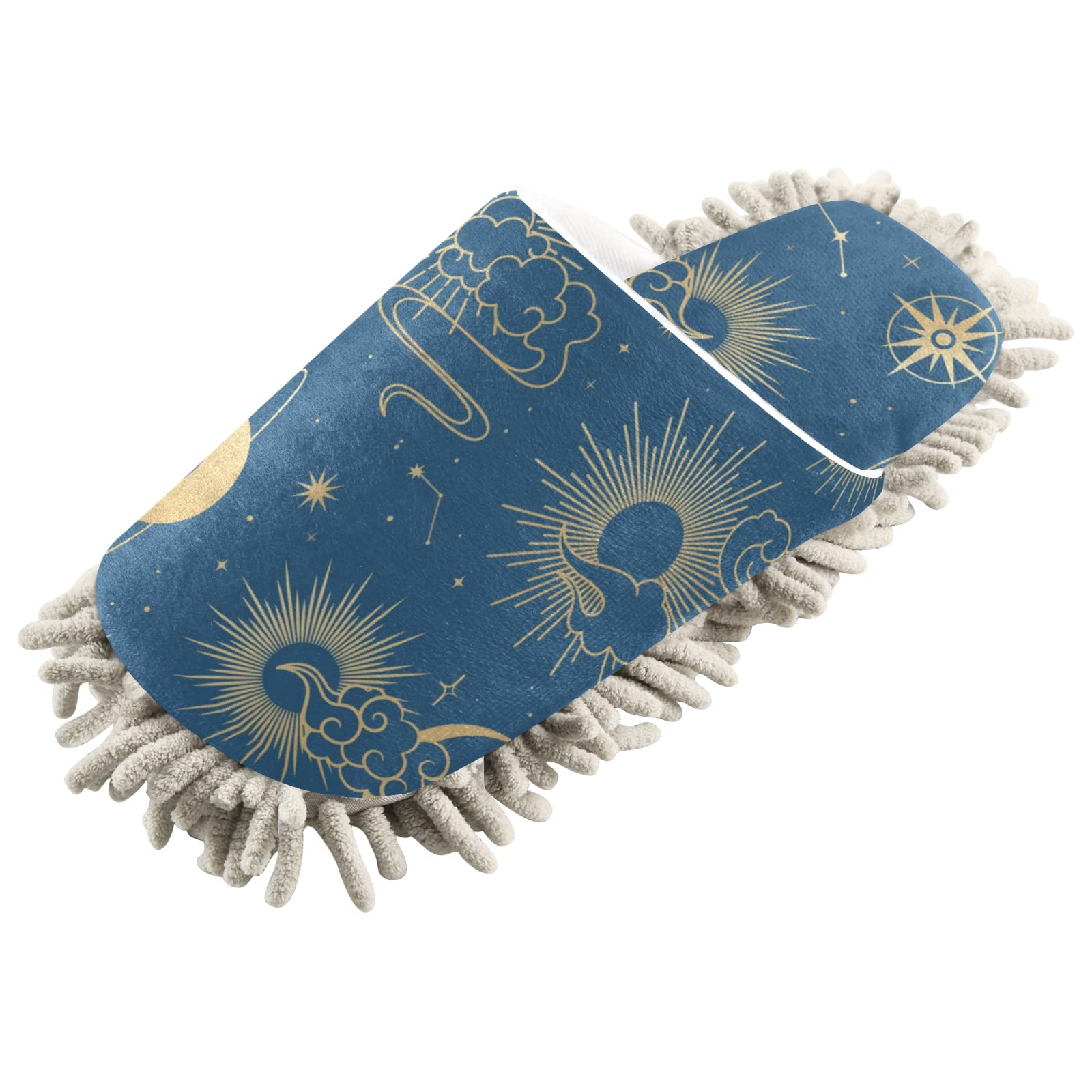 Blue Sun and Star Mop Slippers - Cozy Indoor Cleaning Slippers for Kitchen, Living Room & Bedroom | Adult Microfiber Mopping House Shoes | Perfect for Multi-Surface Cleaning While Walking