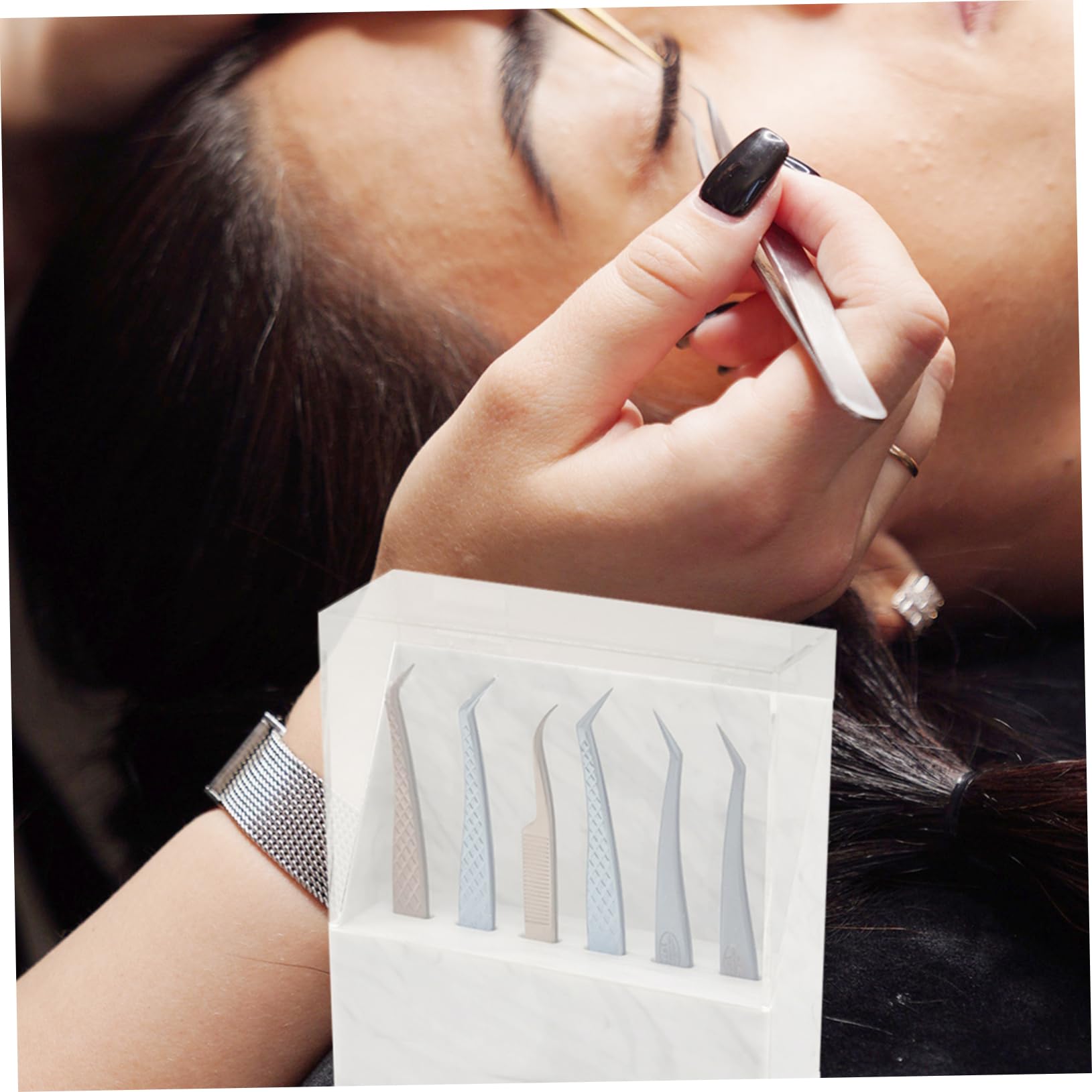Healeved 6-Hole Acrylic Tweezers Stand - Professional Makeup Tweezers Holder for Eyebrow & Eyelash Extensions - Salon Organizer with Marble Design - Perfect for Beauty Salons, Makeup Artists & Home Vanity Stations