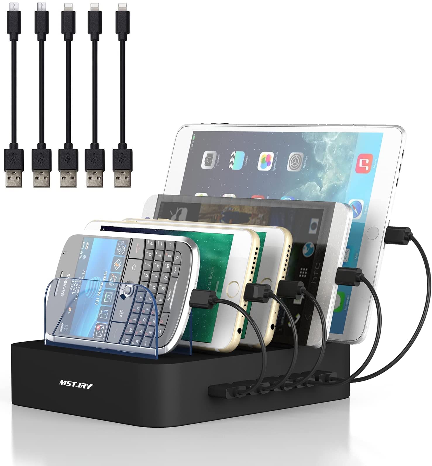 6-Port USB Charging Station for iPhone iPad Phone Tablet - Fast Charging Dock with Cables for Home Office Travel