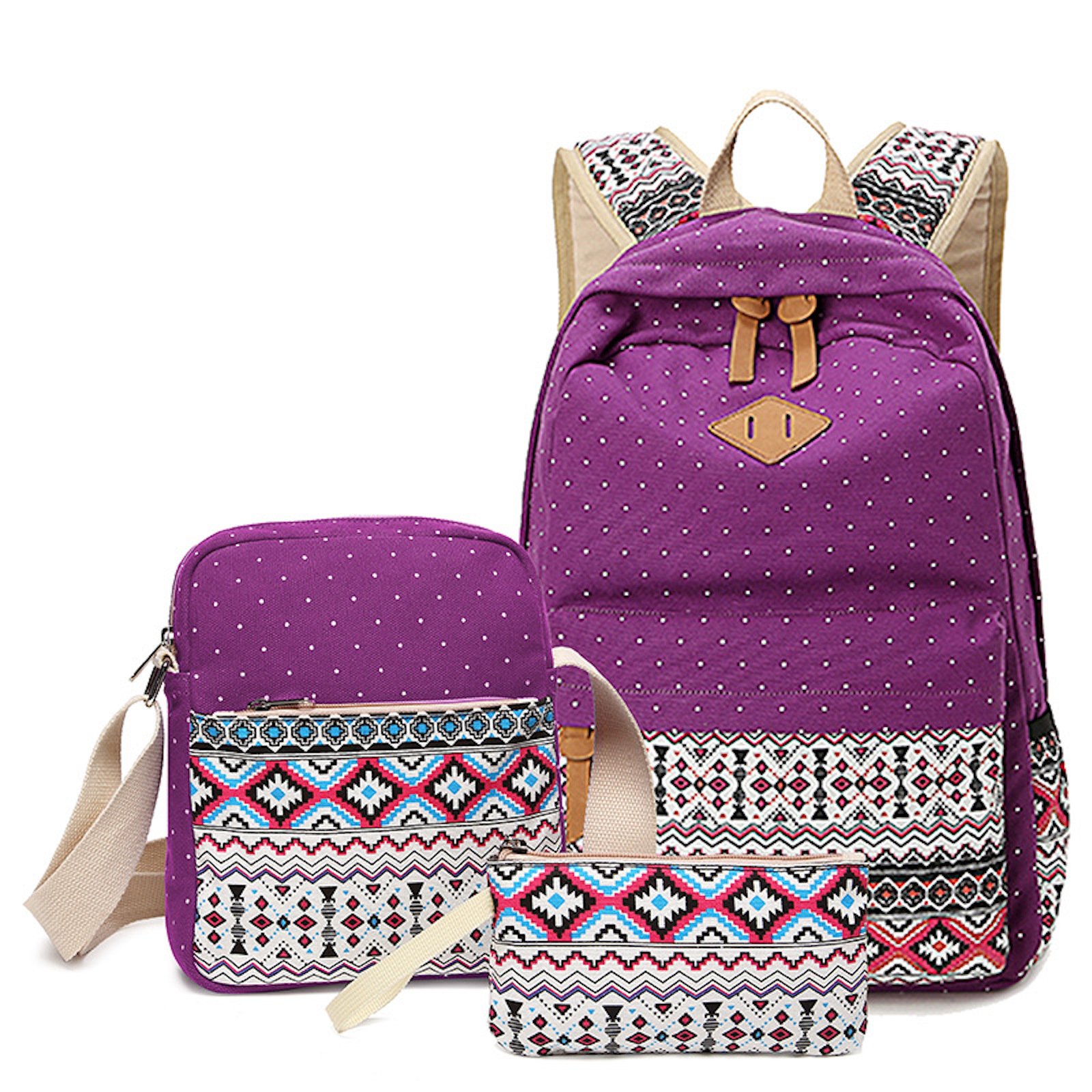 WSLCN 3-Piece Canvas Backpack Set for Girls - School Backpack, Travel Daypack & Shoulder Messenger Bag with Pencil Case (Aztec Purple) - Perfect for School, Travel & Daily Use